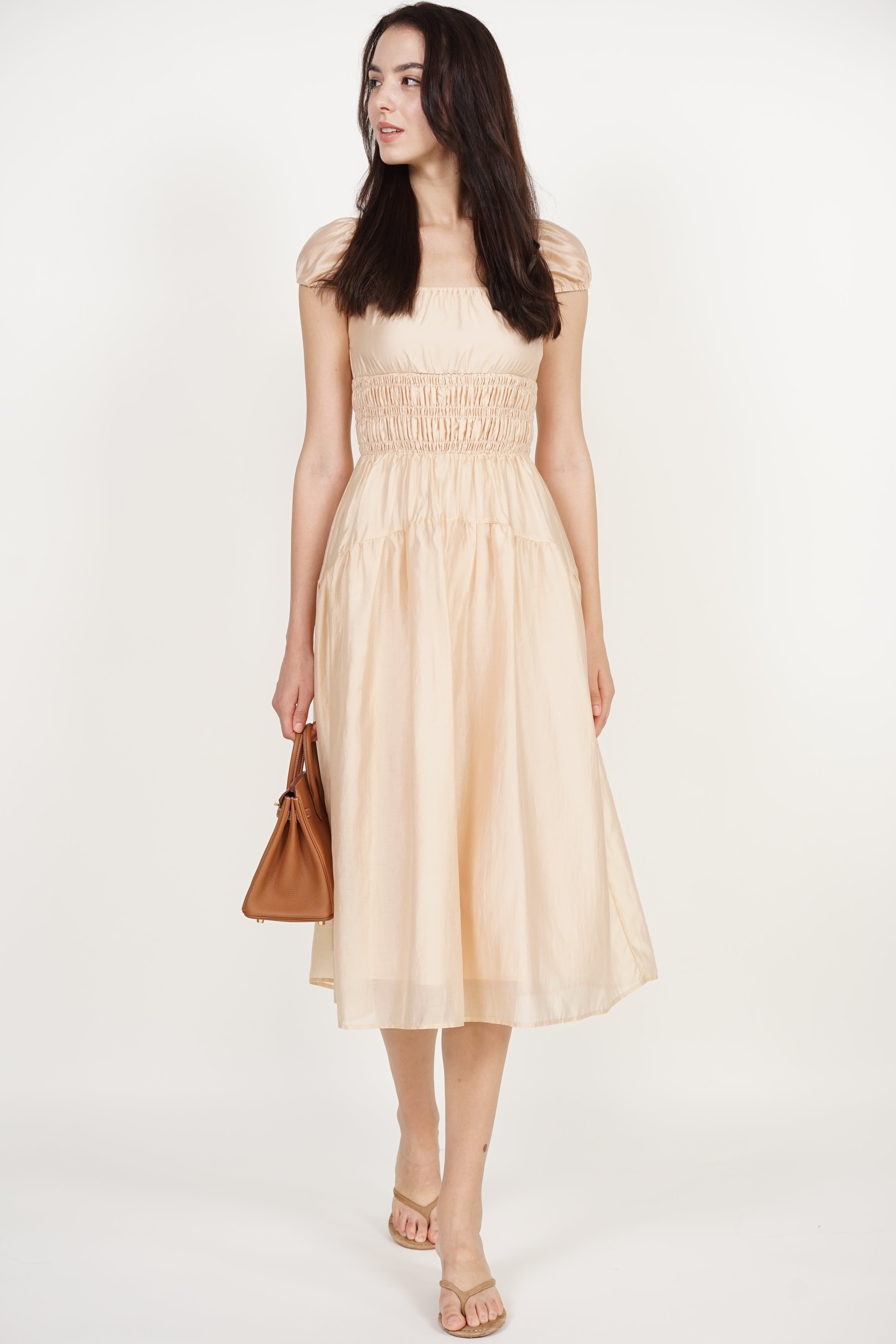 Short Sleeve Smocked Flare Dress in Light Apricot