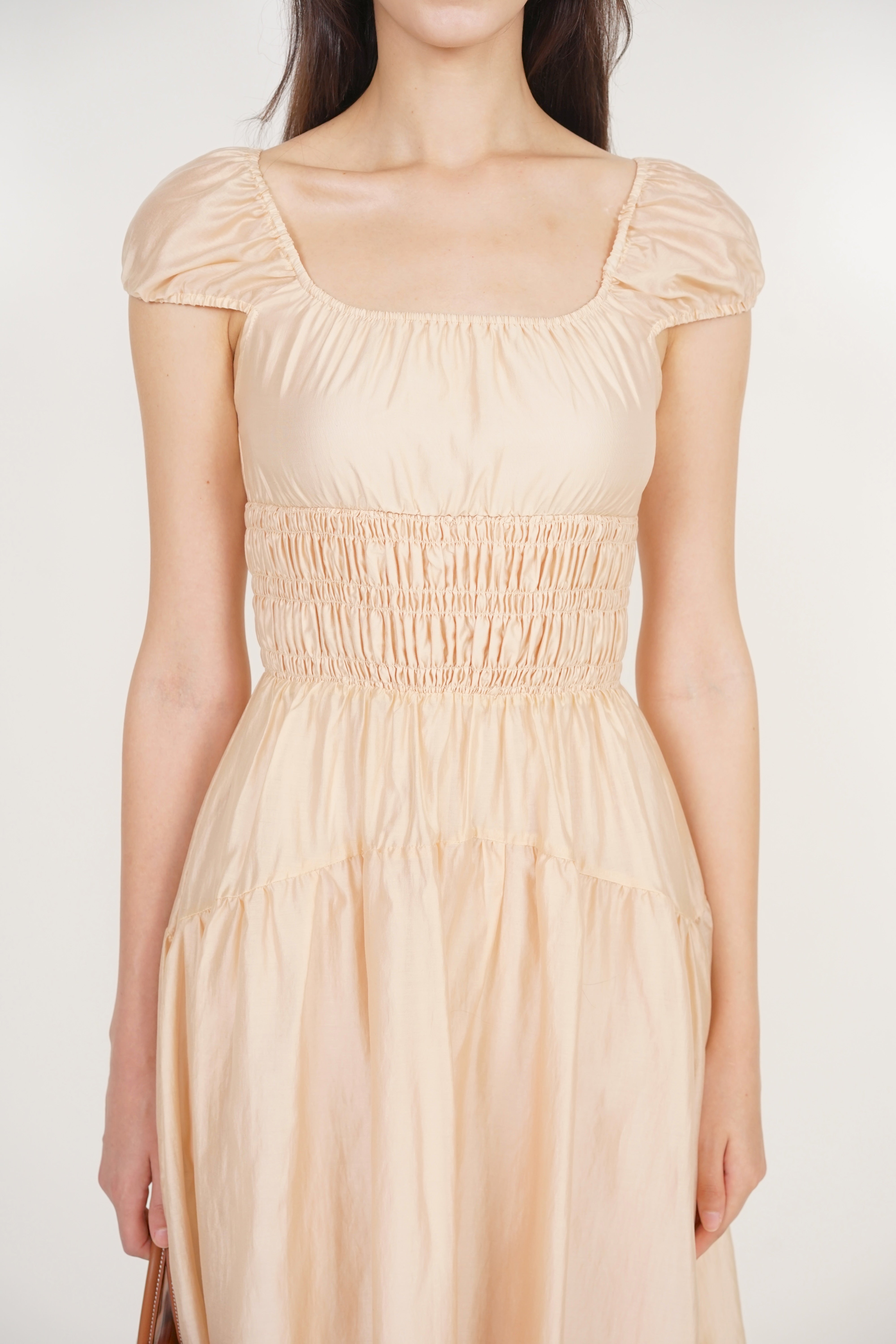 Short Sleeve Smocked Flare Dress in Light Apricot