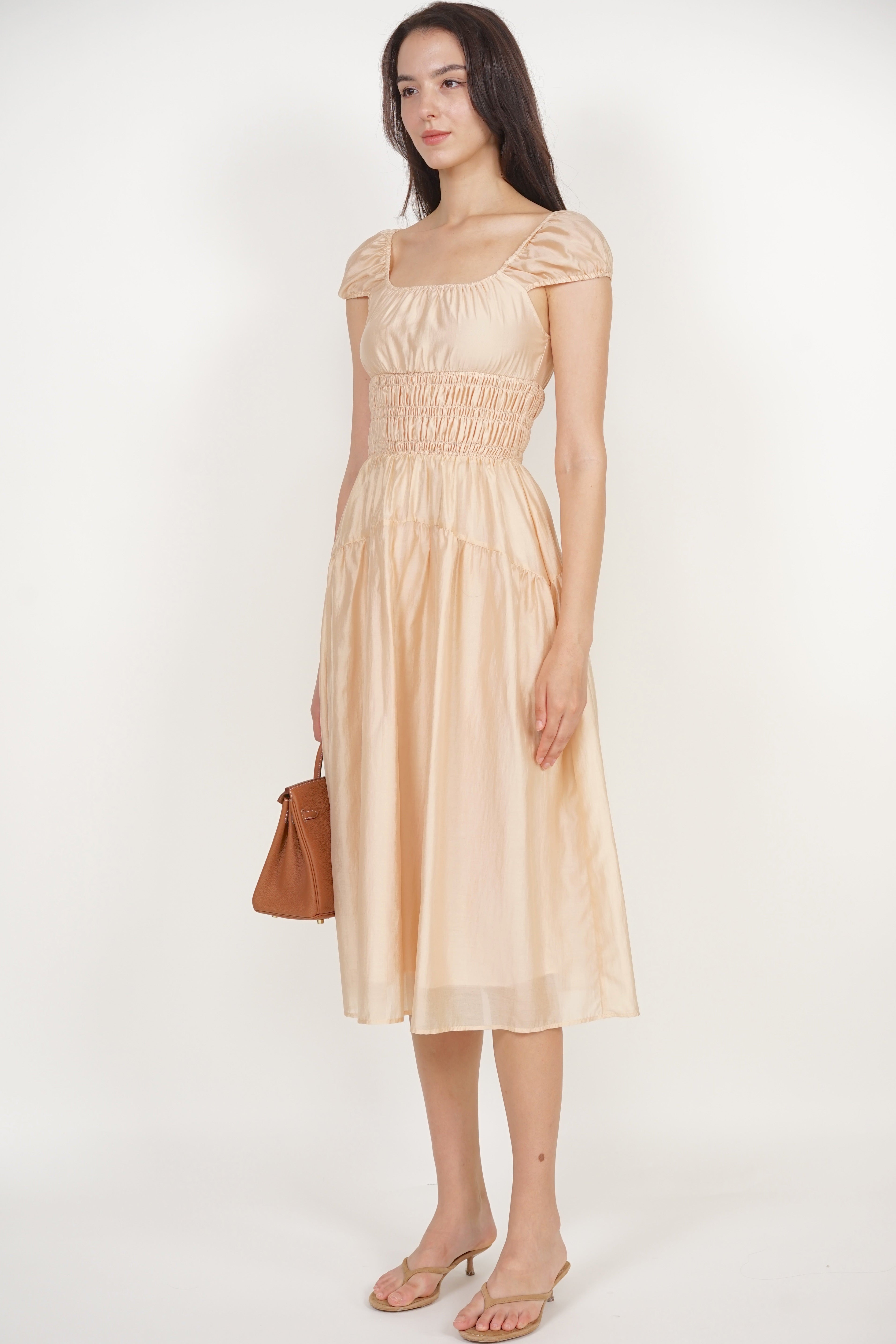 Short Sleeve Smocked Flare Dress in Light Apricot
