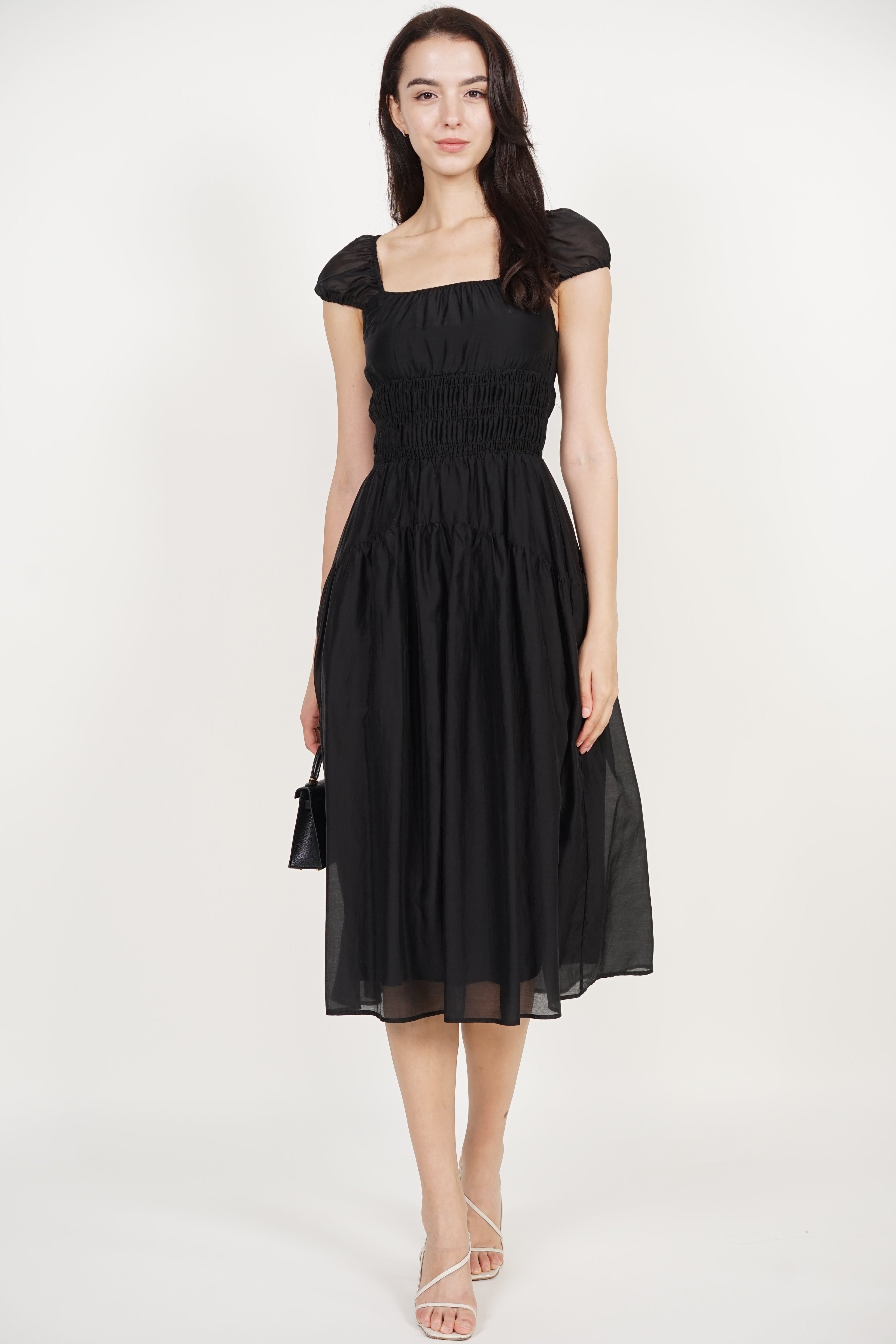 Short Sleeve Smocked Flare Dress in Black