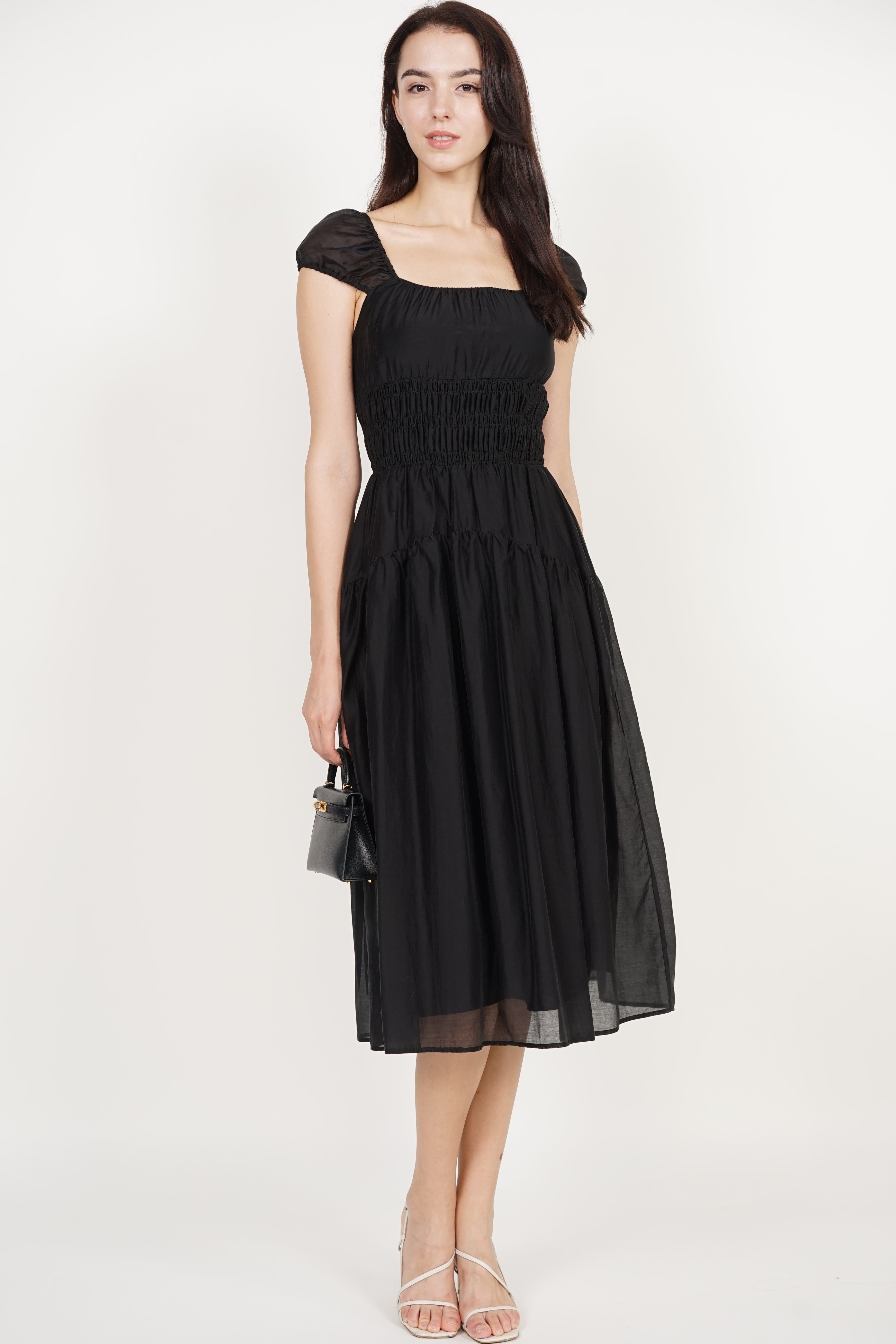 Short Sleeve Smocked Flare Dress in Black