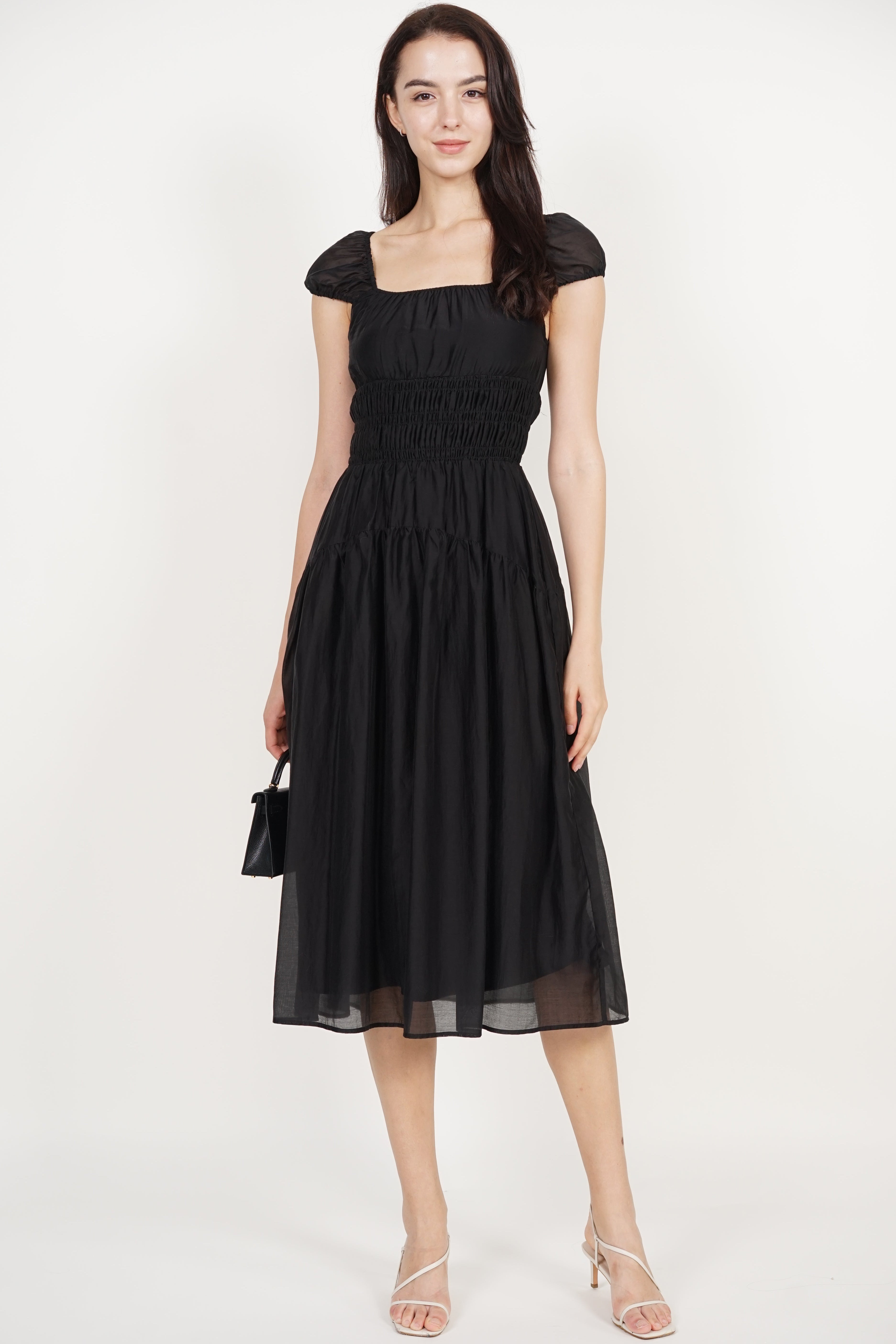 Short Sleeve Smocked Flare Dress in Black