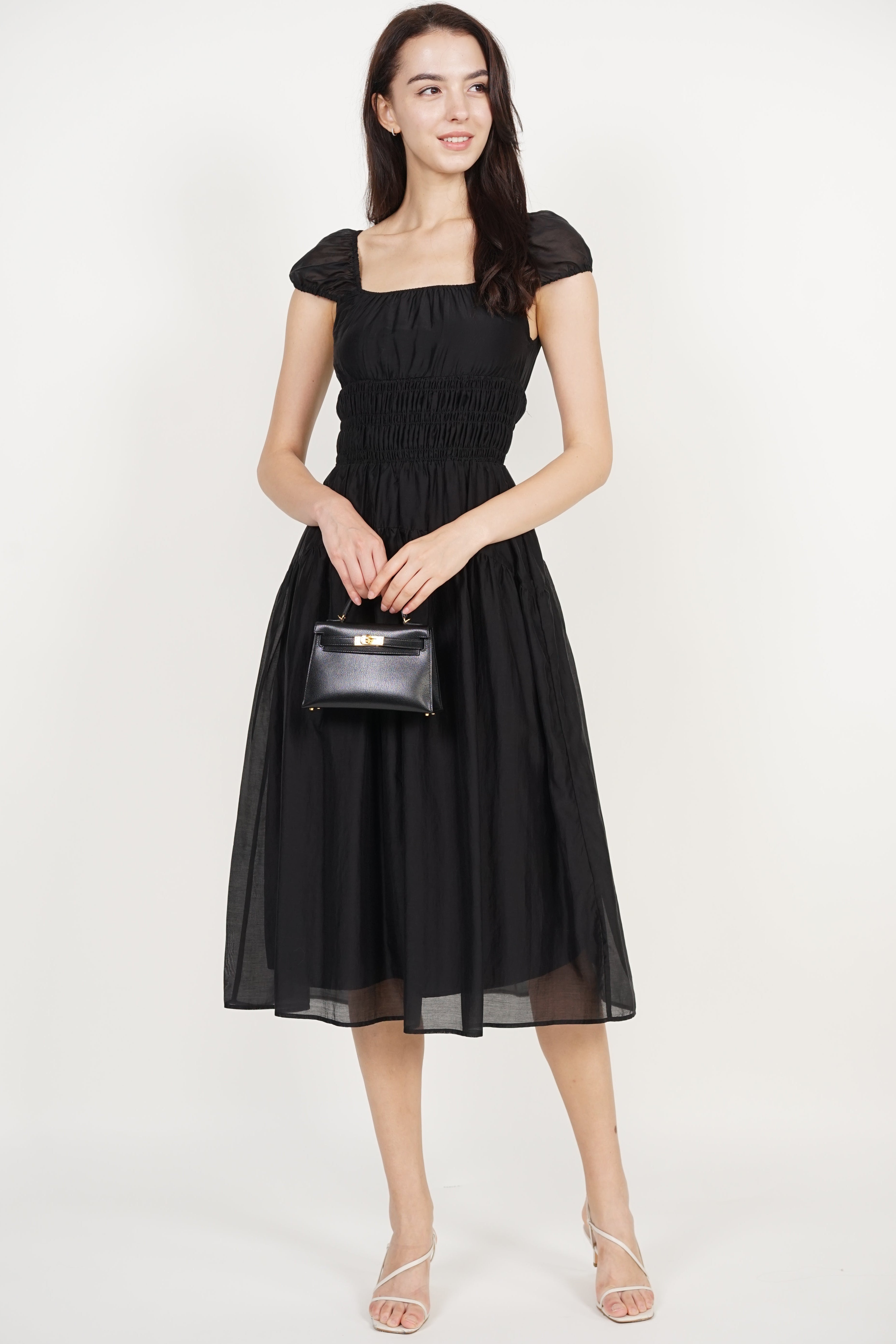 Short Sleeve Smocked Flare Dress in Black