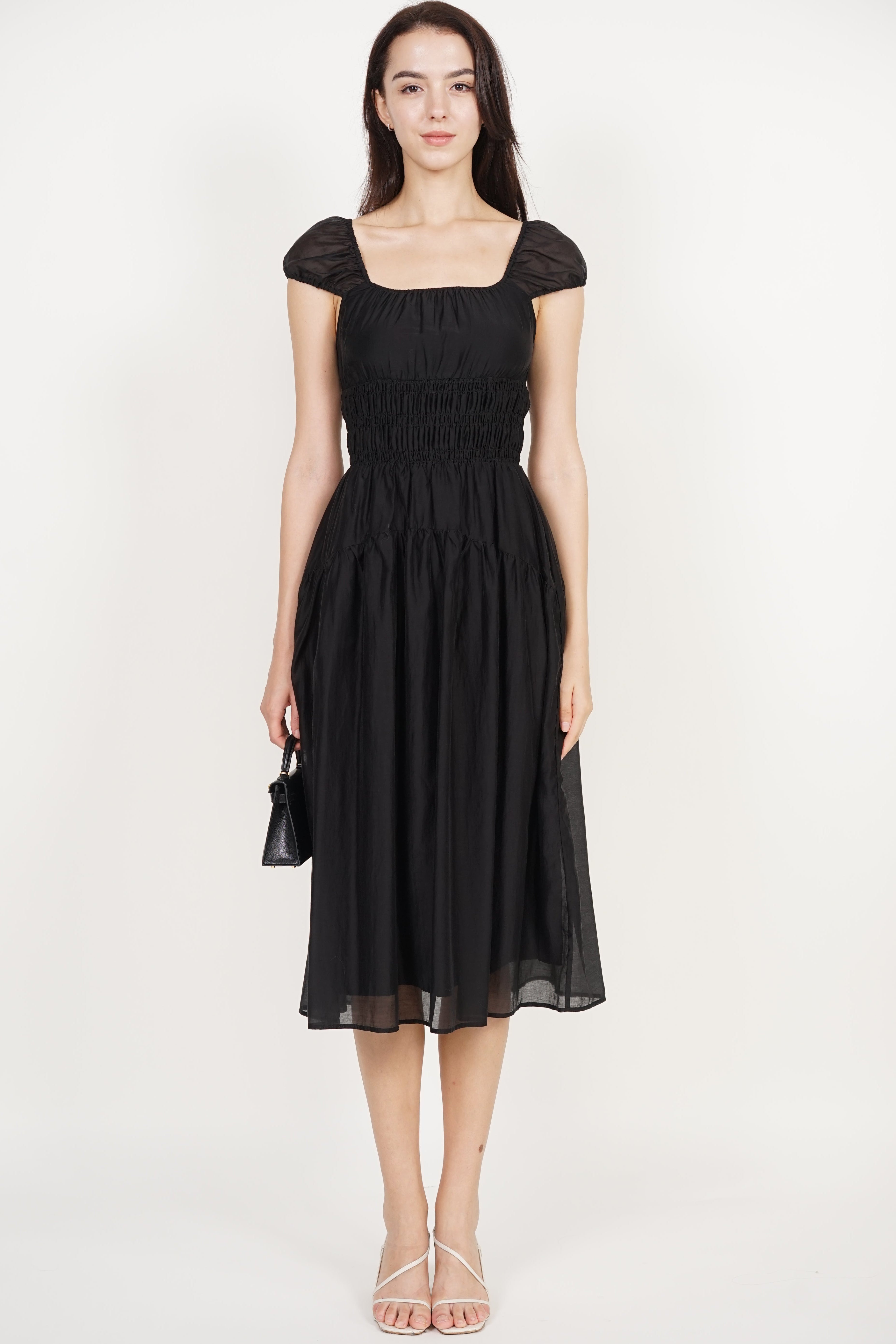 Short Sleeve Smocked Flare Dress in Black