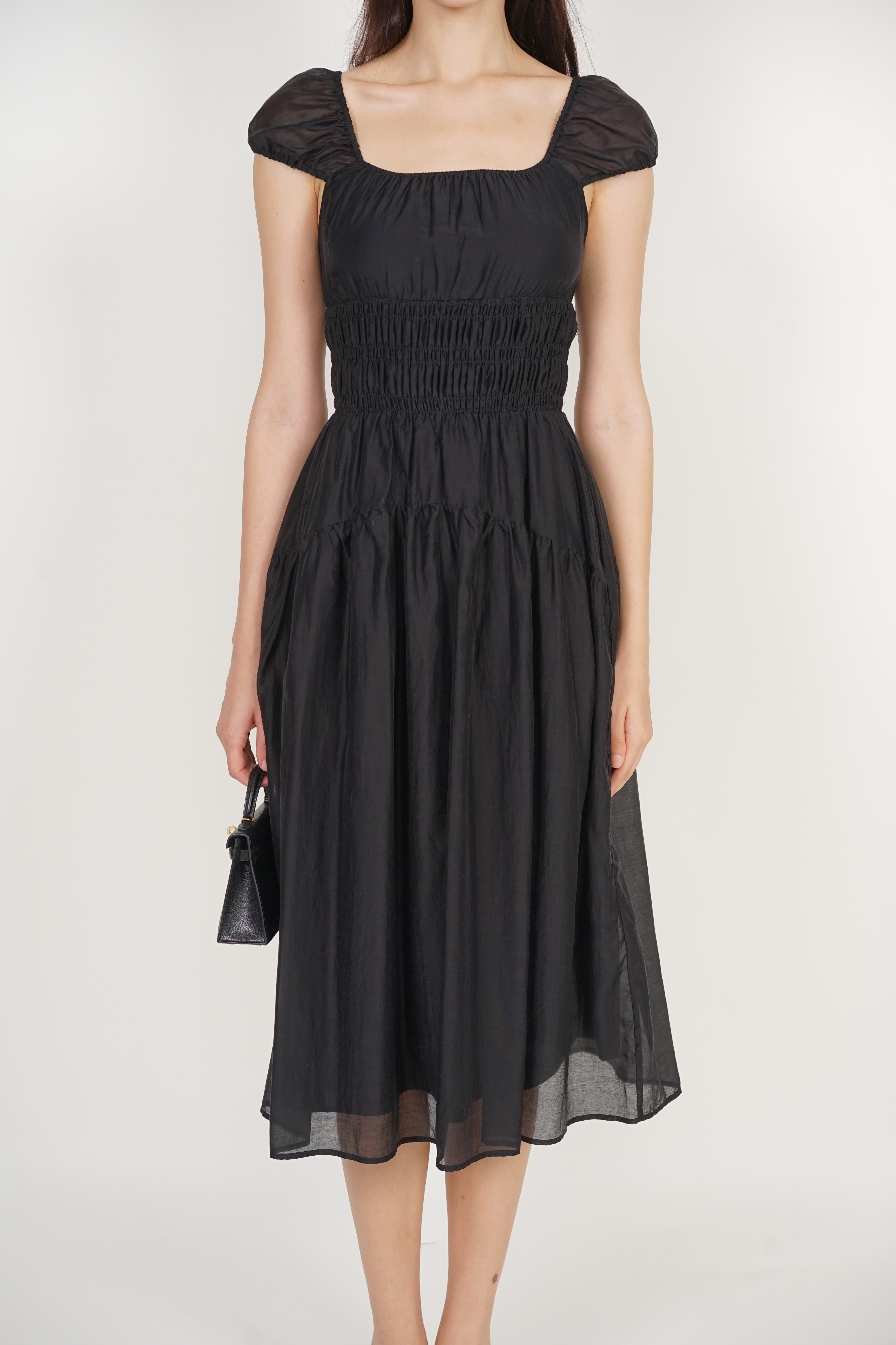 Short Sleeve Smocked Flare Dress in Black