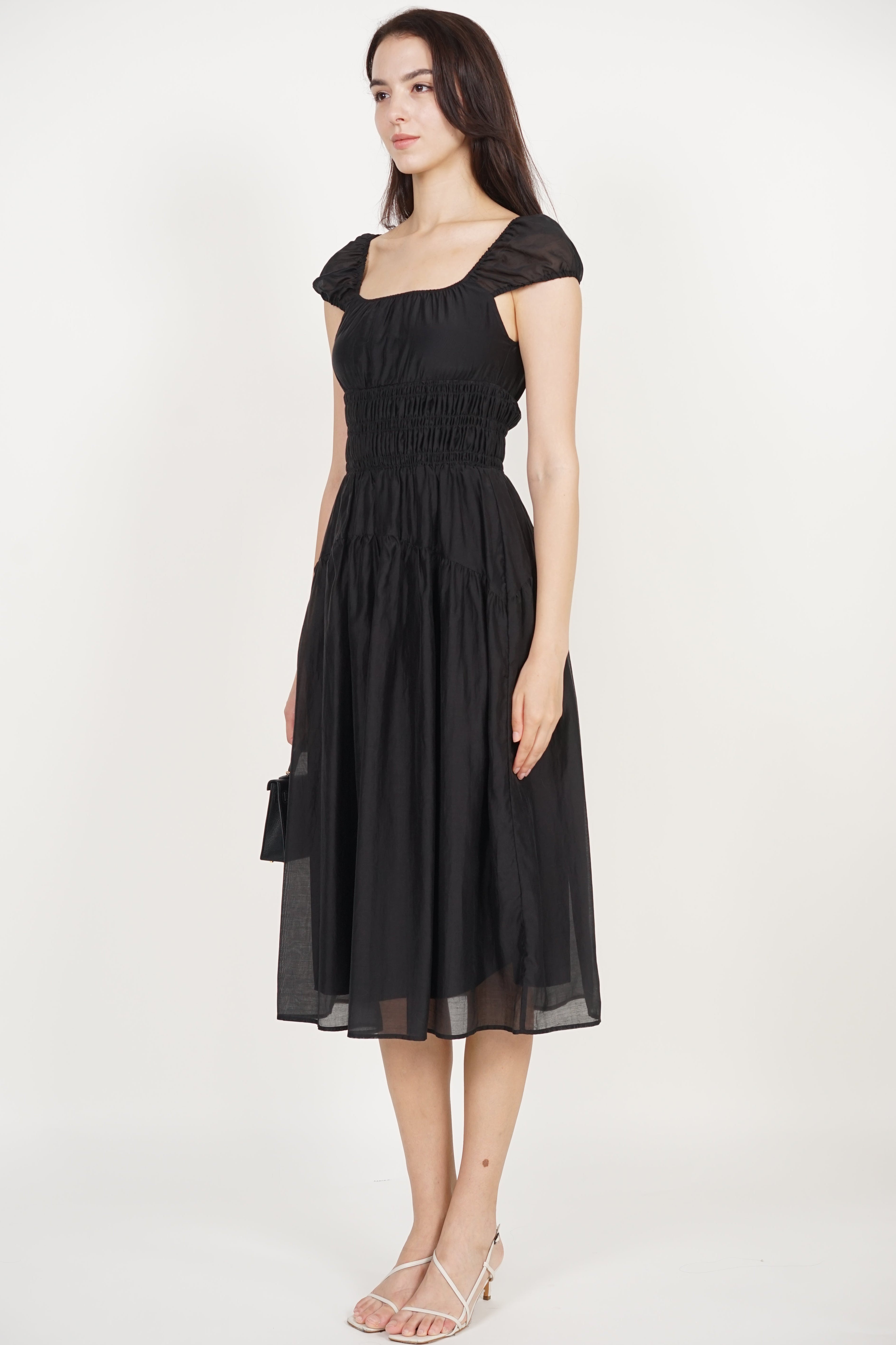 Short Sleeve Smocked Flare Dress in Black