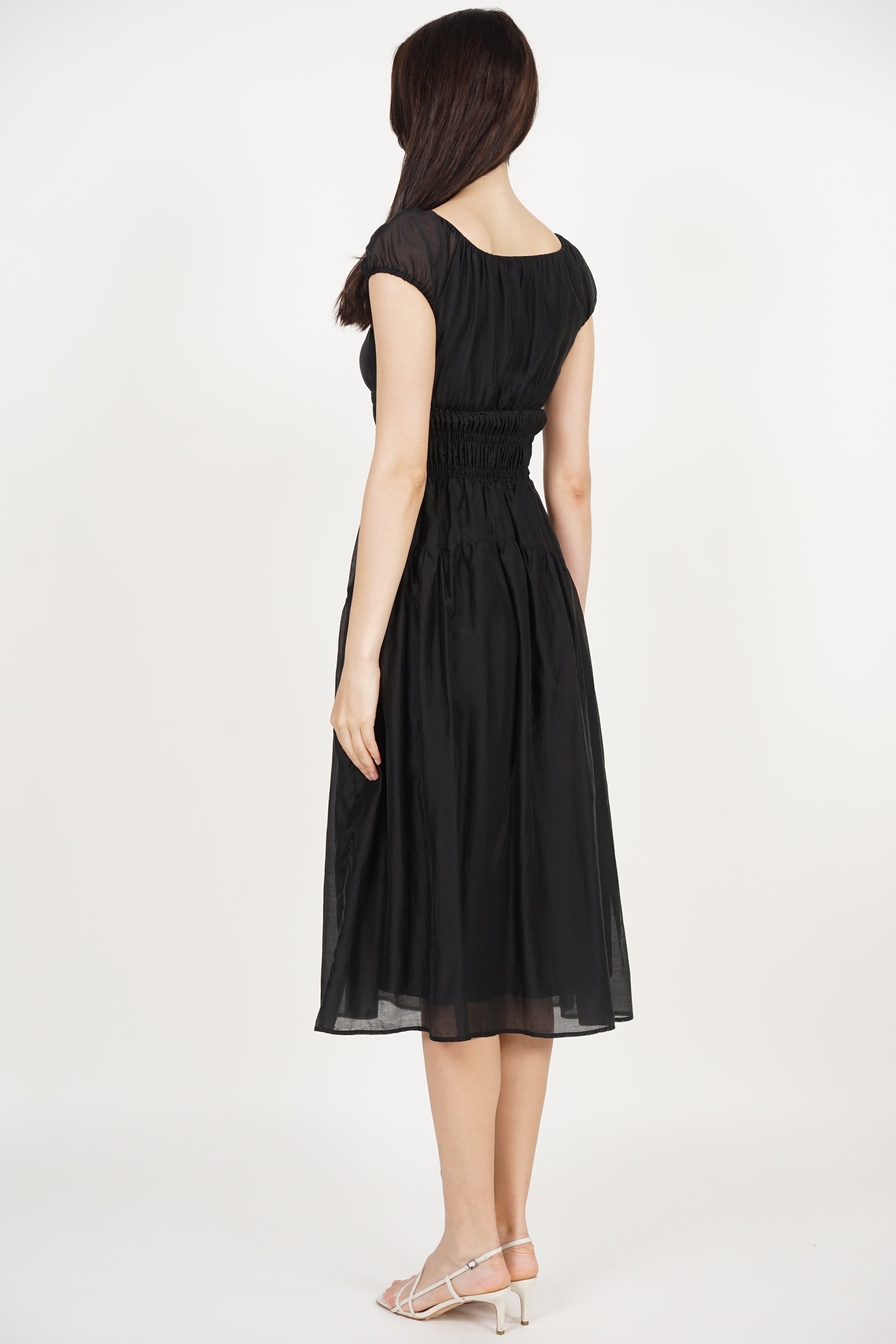 Short Sleeve Smocked Flare Dress in Black