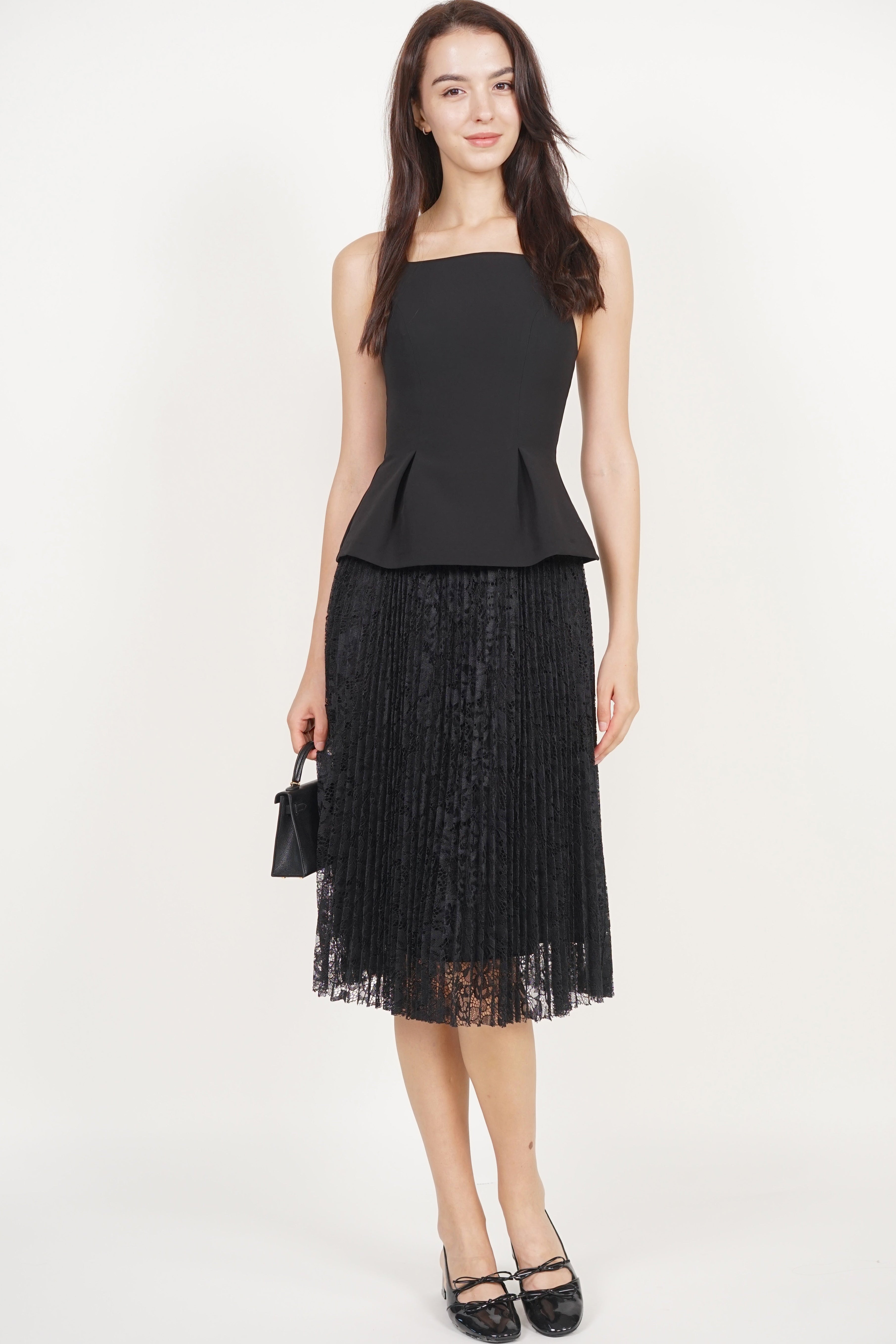 Peplum Pleated Lace Dress in Black