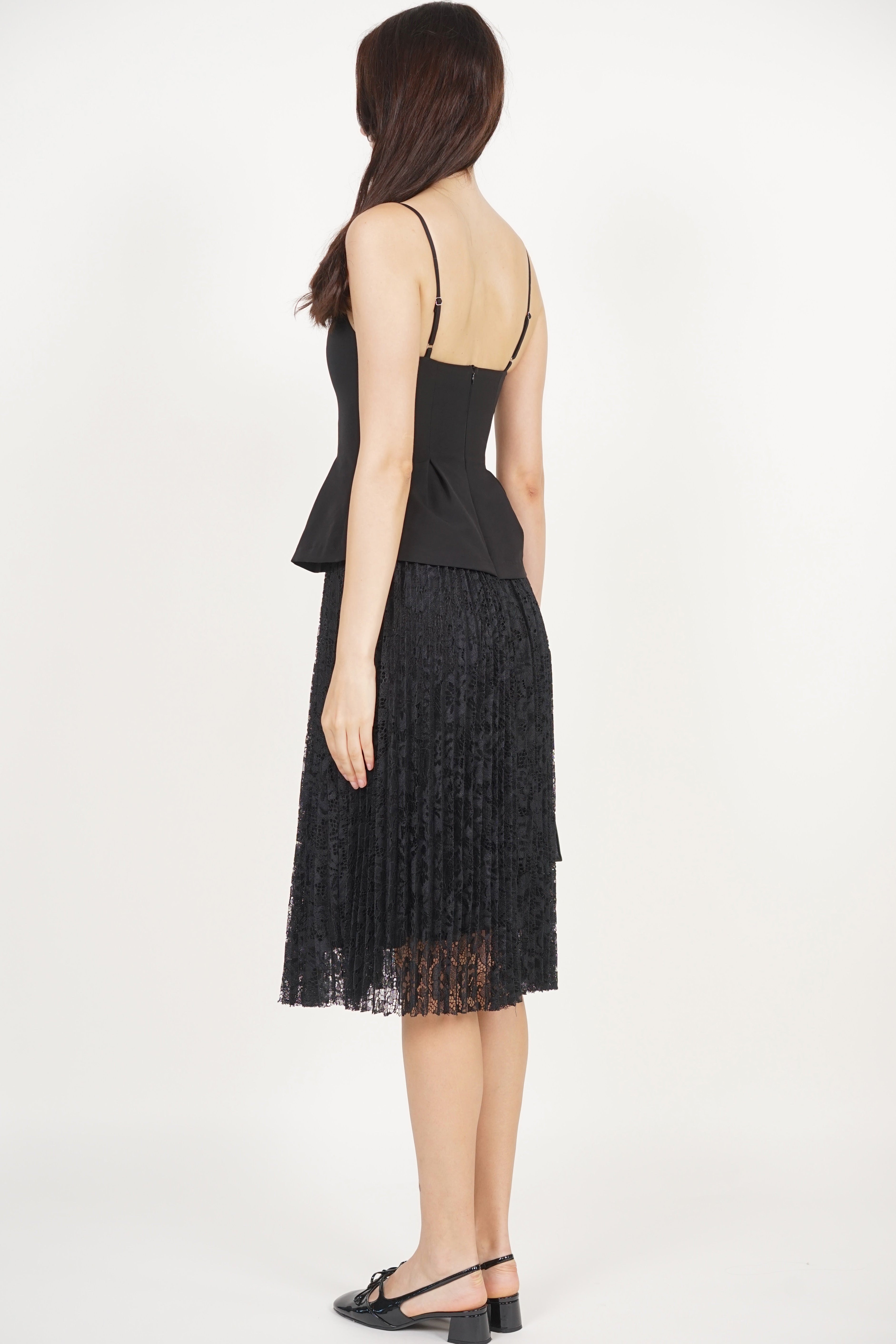 Peplum Pleated Lace Dress in Black