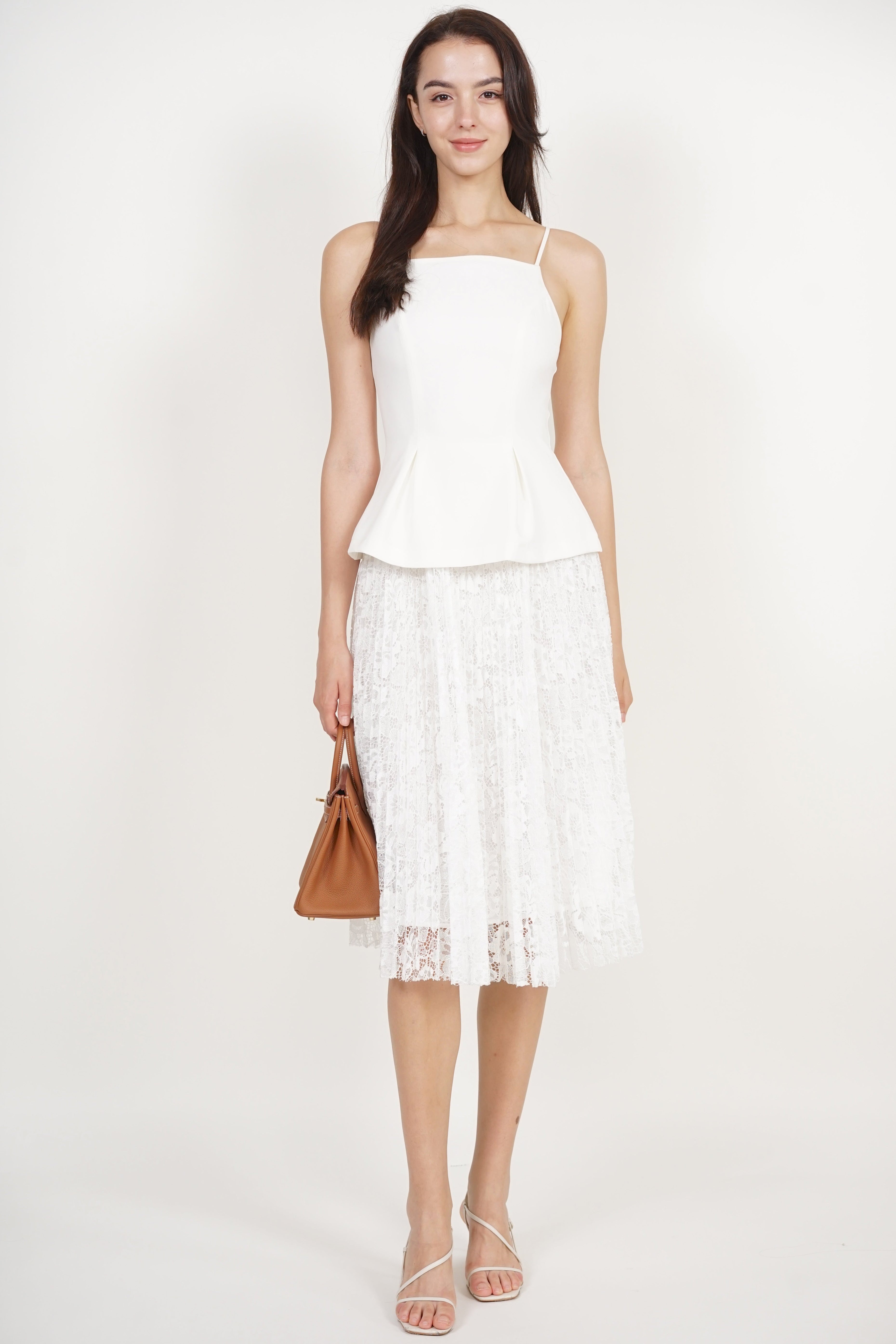 Peplum Pleated Lace Dress in White