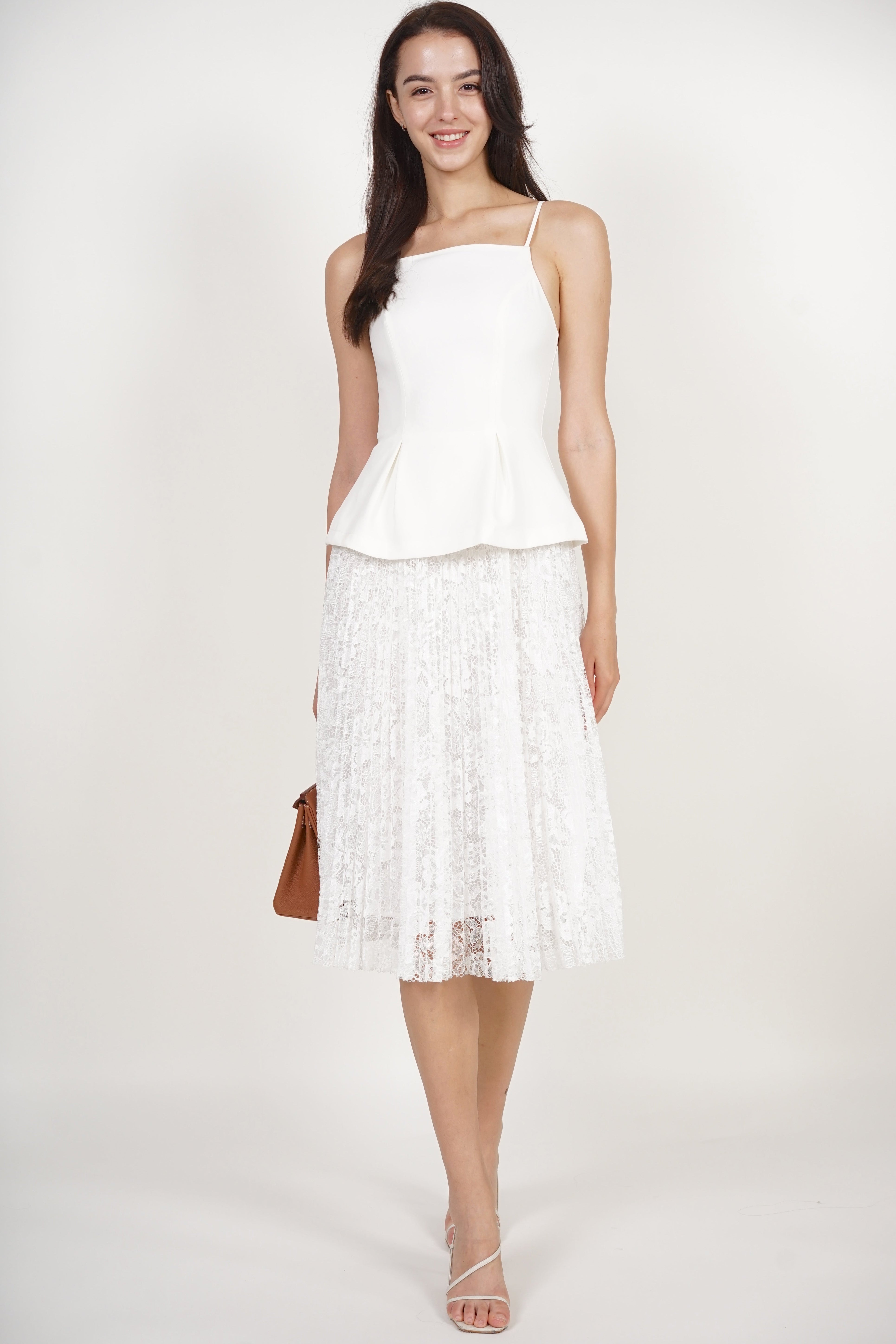Peplum Pleated Lace Dress in White