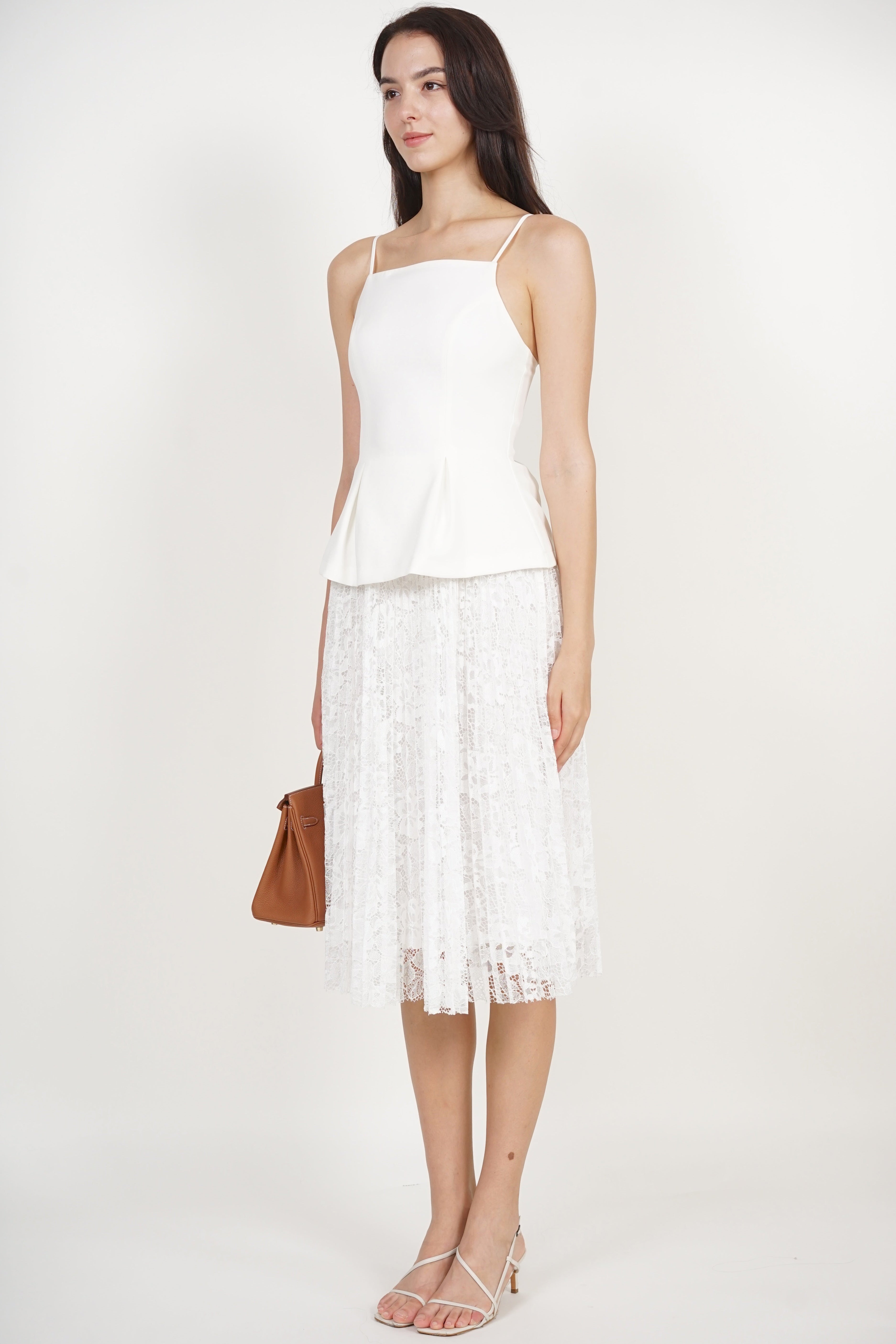 Peplum Pleated Lace Dress in White