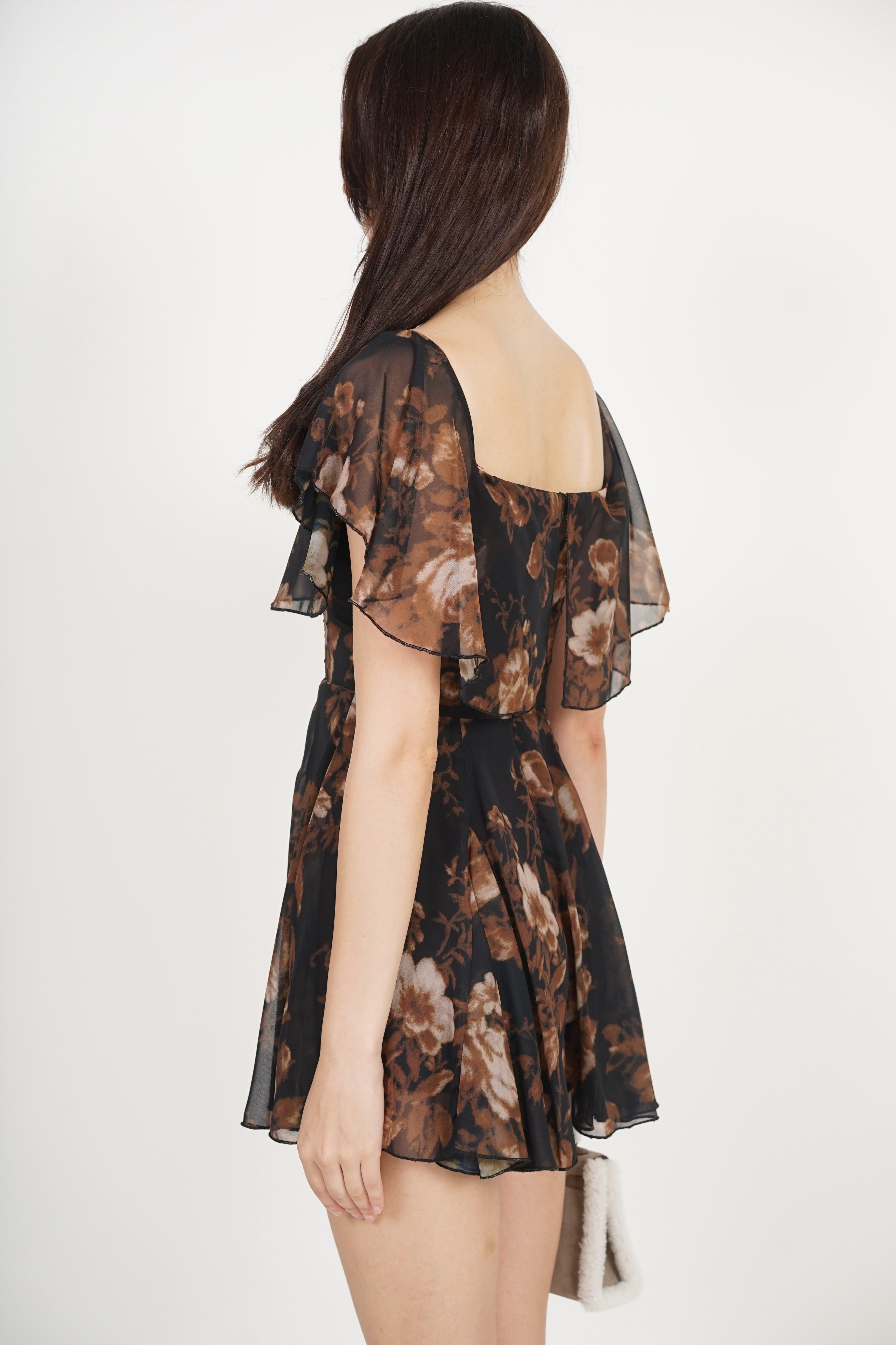 Romper Godet Dress in Black Floral