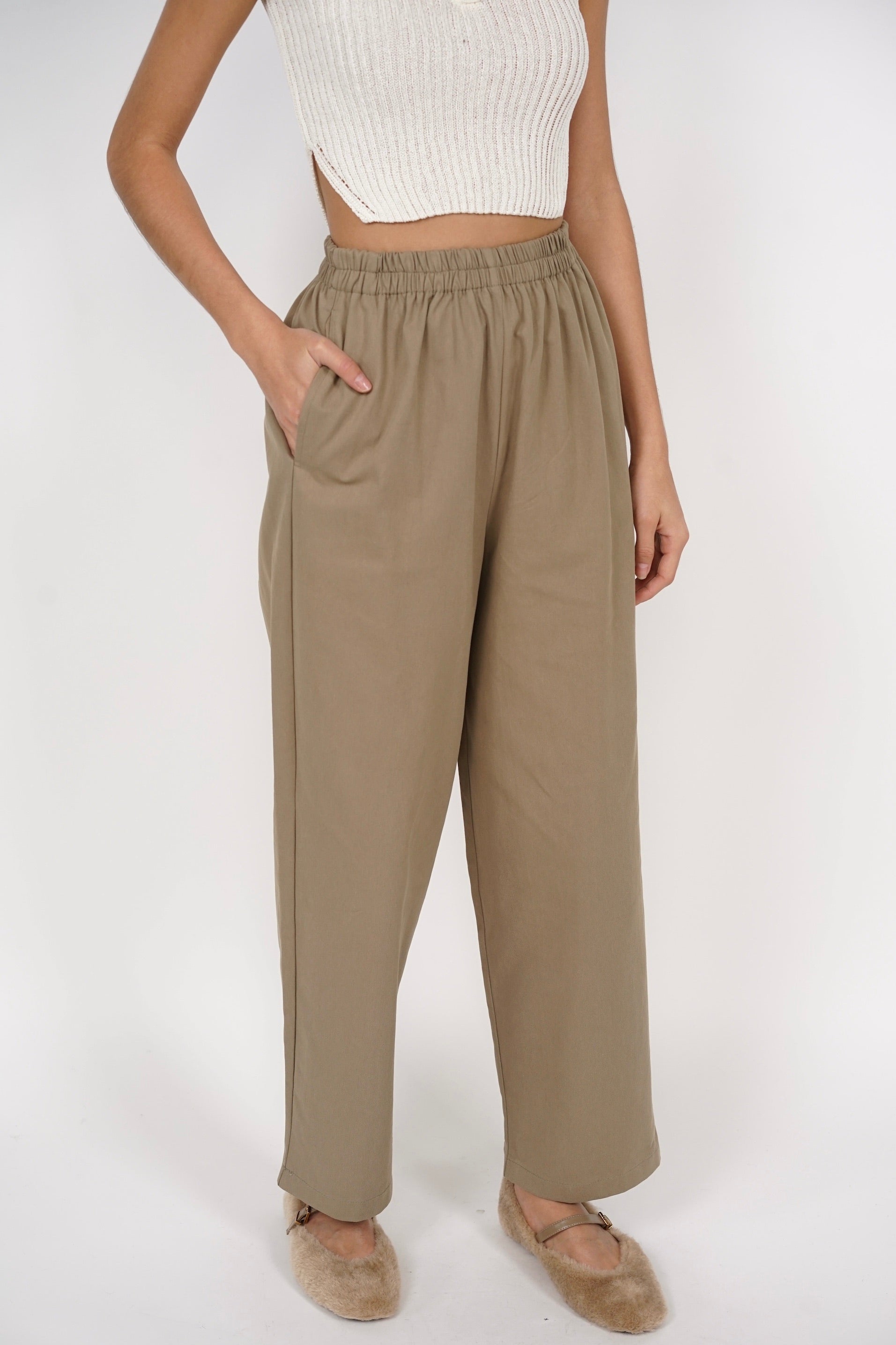 Smocked Waist Pants in Khaki