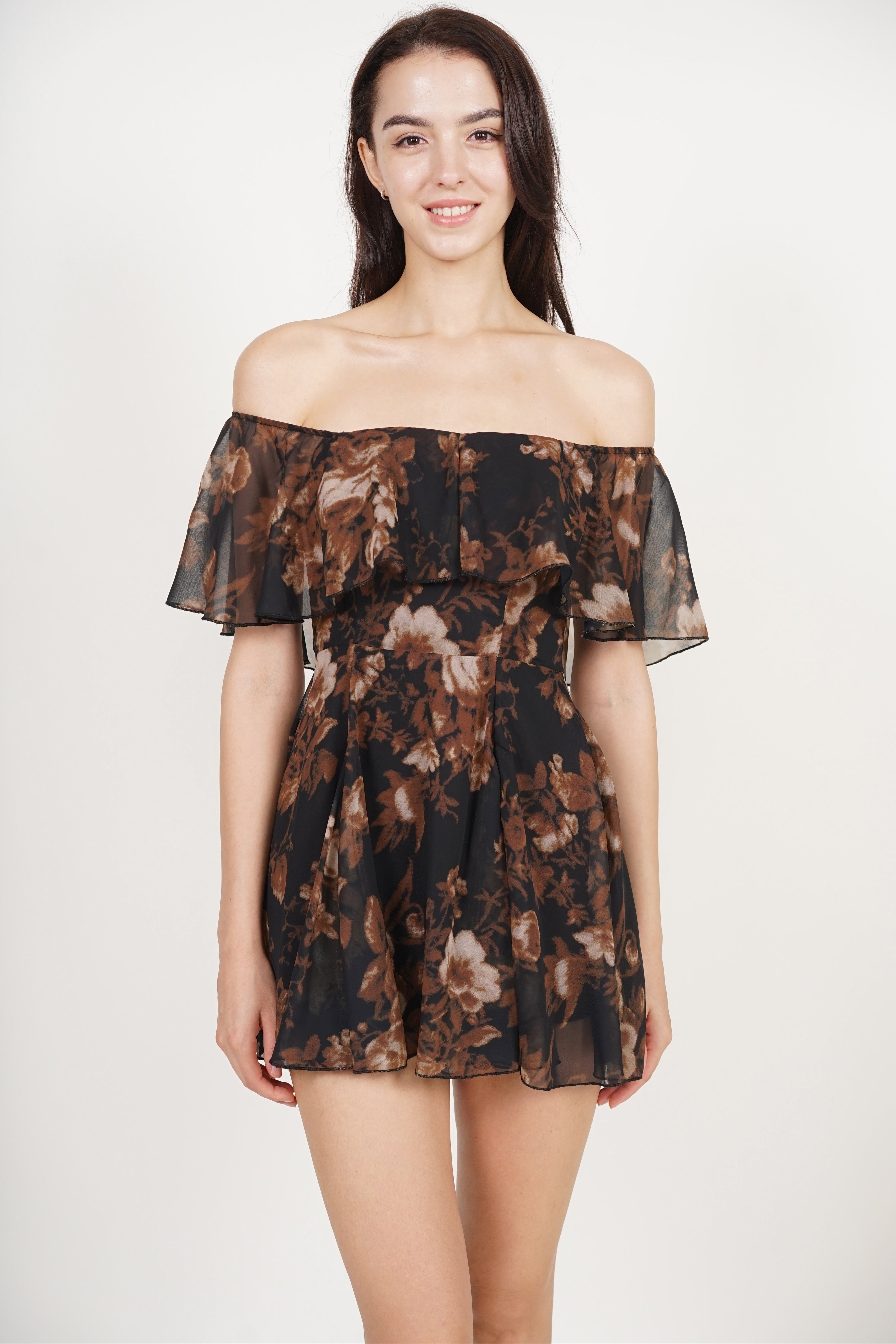 Romper Godet Dress in Black Floral