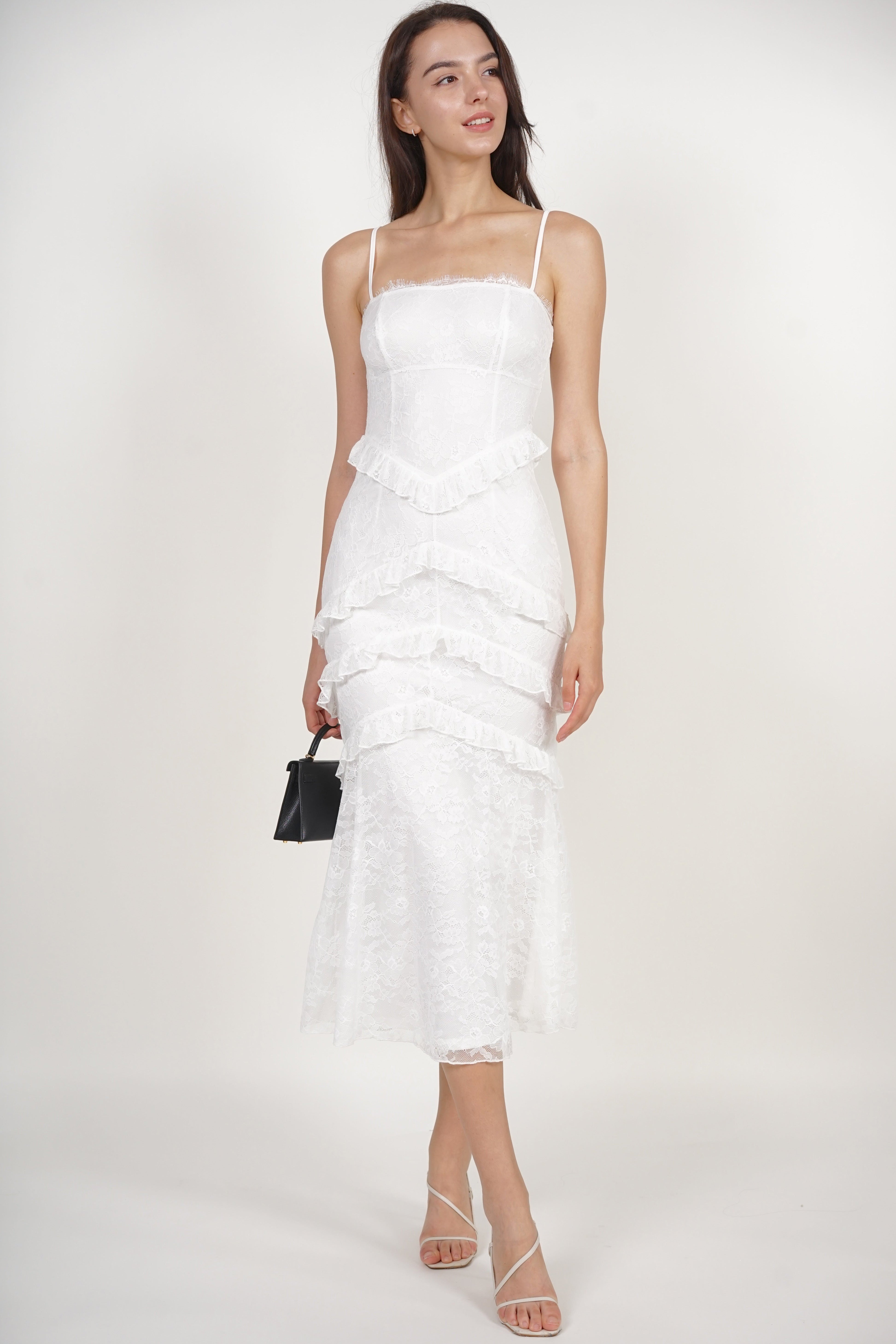 Midi Ruffled Dress in White Lace