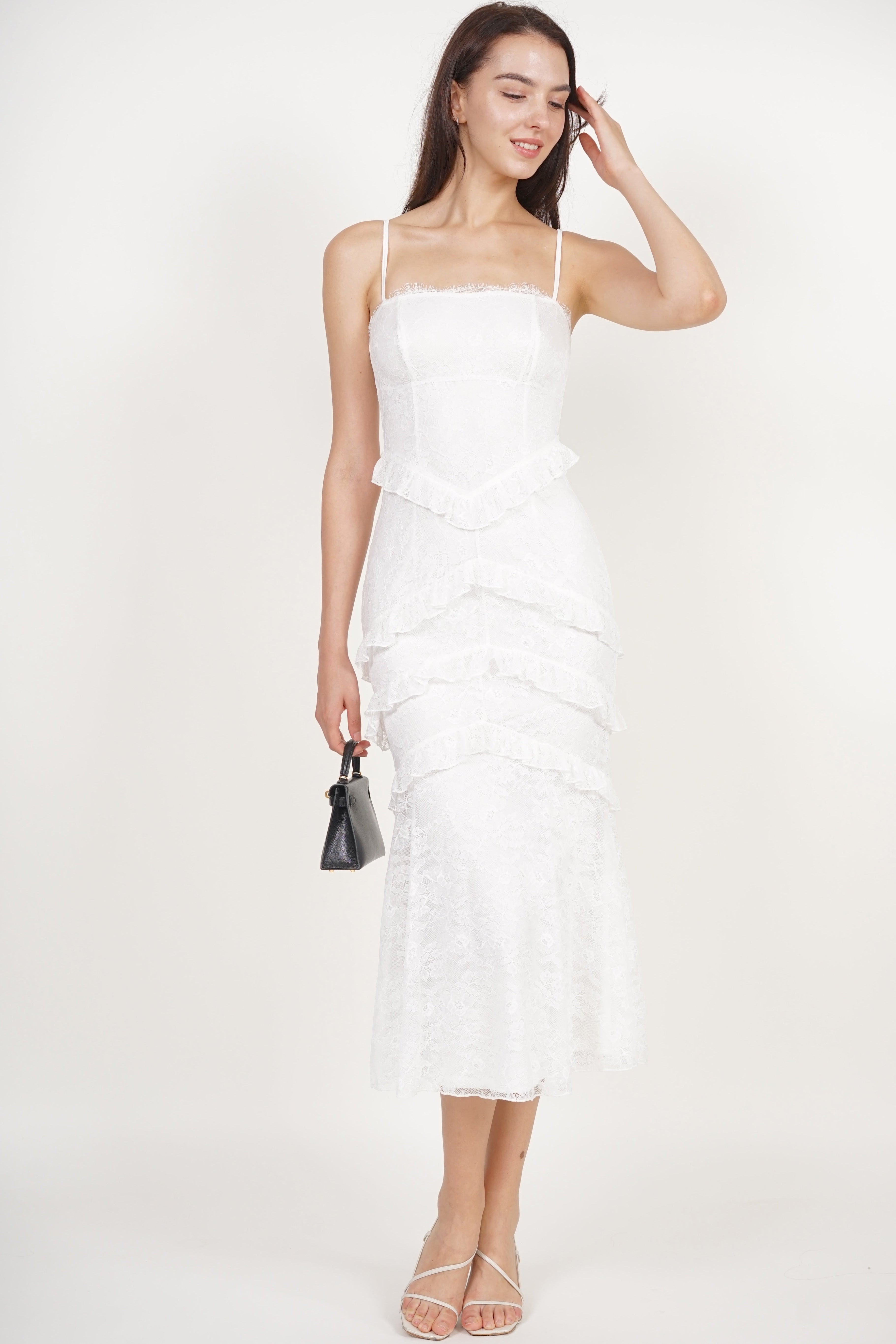 Midi Ruffled Dress in White Lace