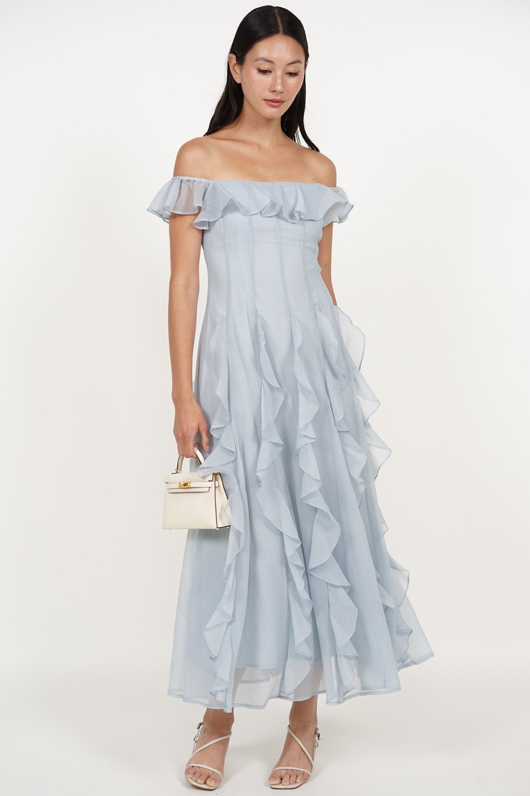 not your rose off shoulder frill dress Off-Shoulder Ruffle Dress in Blue