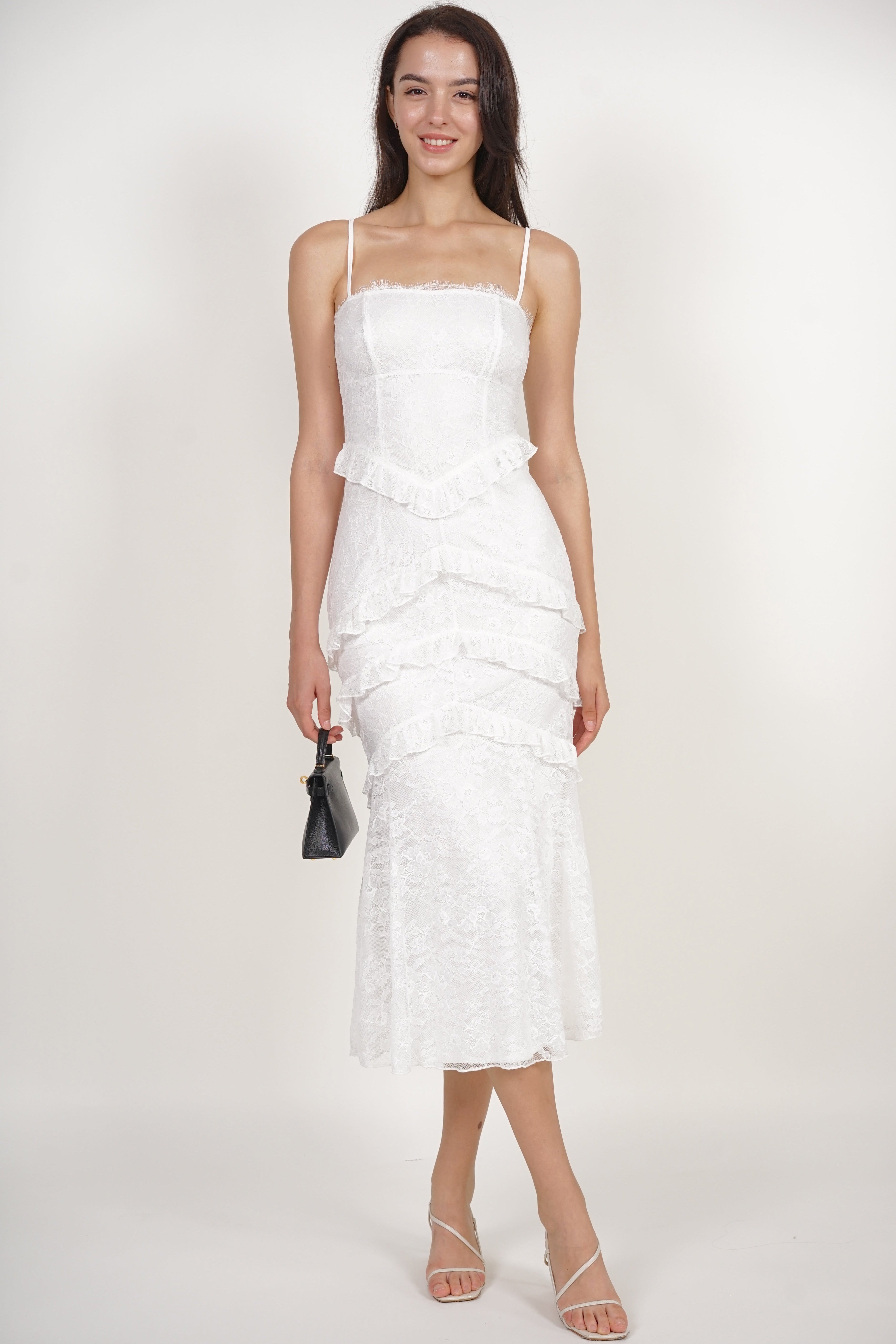 Midi Ruffled Dress in White Lace