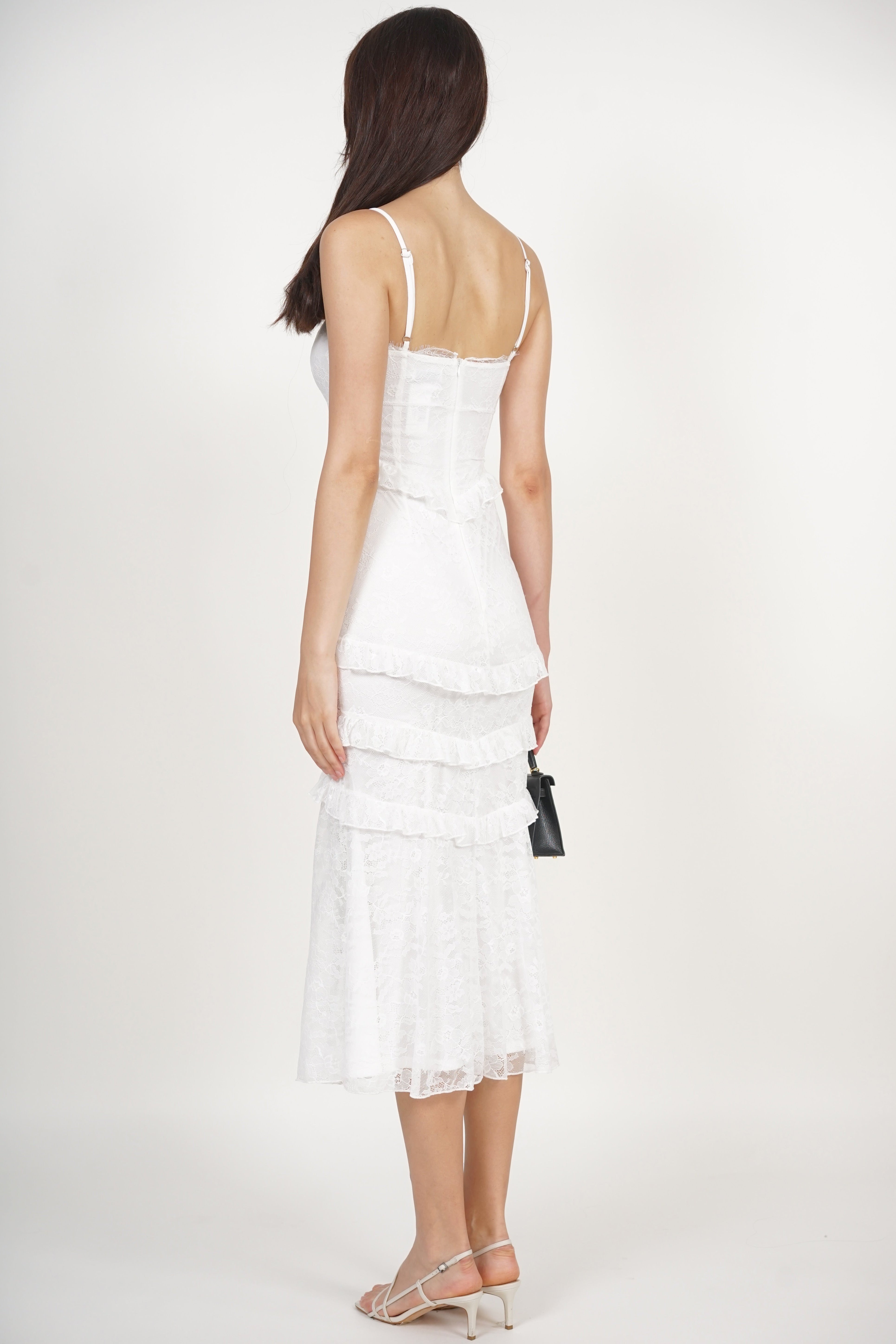 Midi Ruffled Dress in White Lace