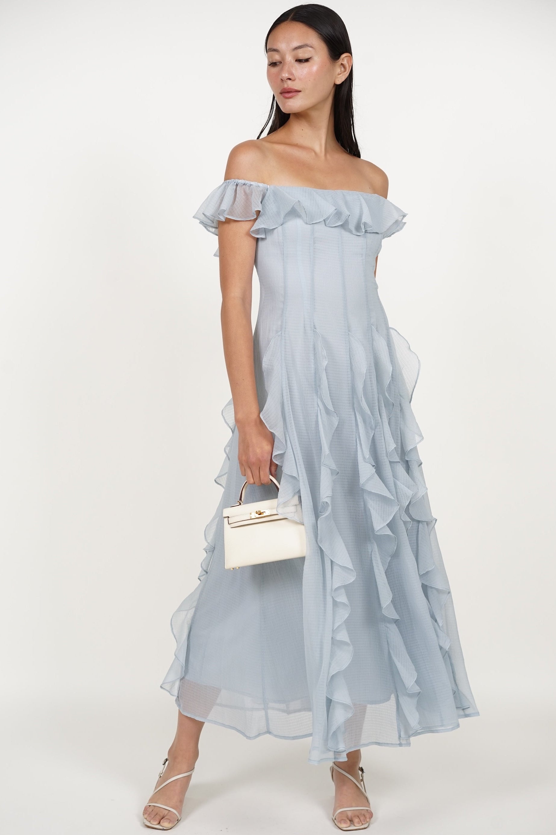 Off-Shoulder Ruffle Dress in Blue