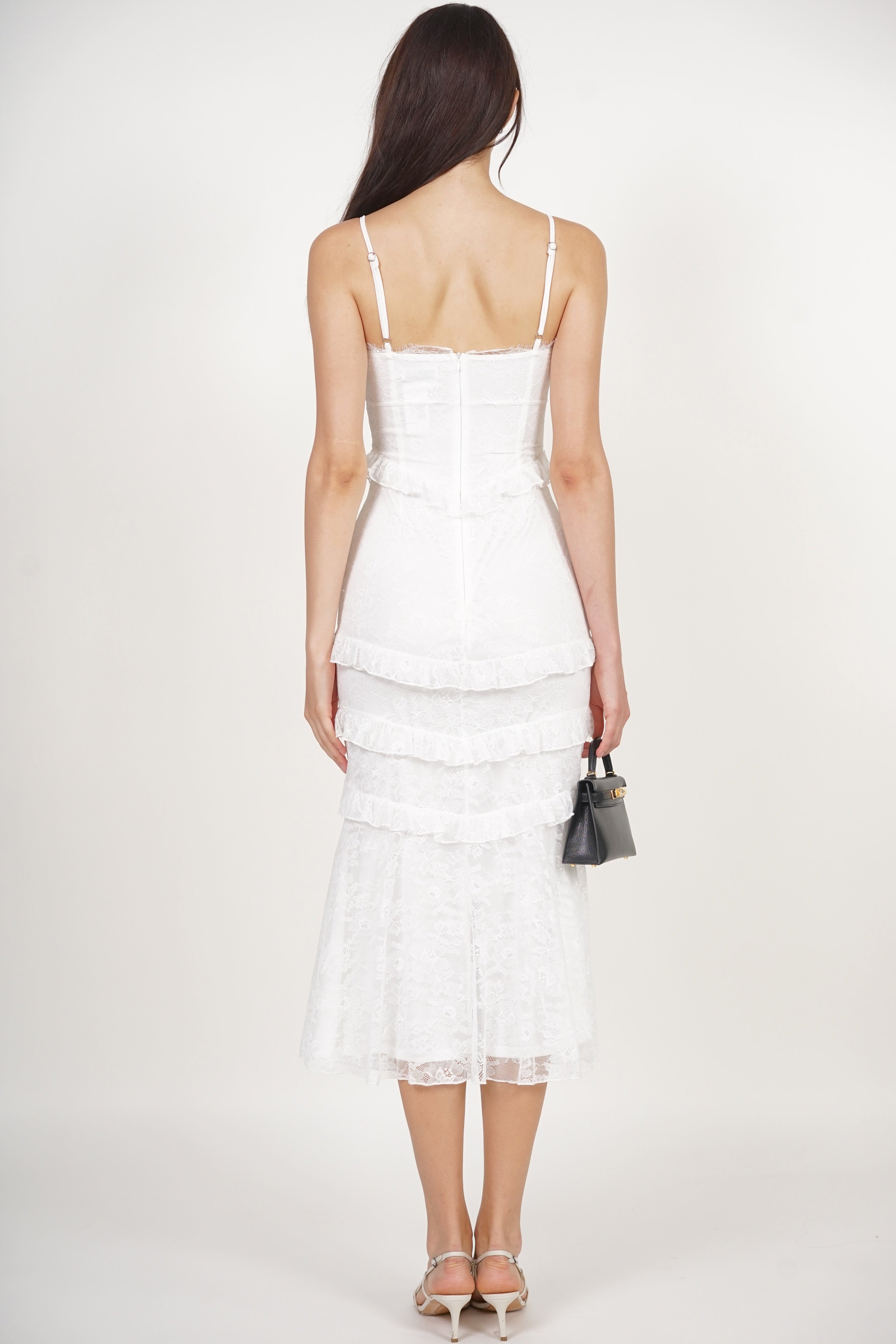 Midi Ruffled Dress in White Lace
