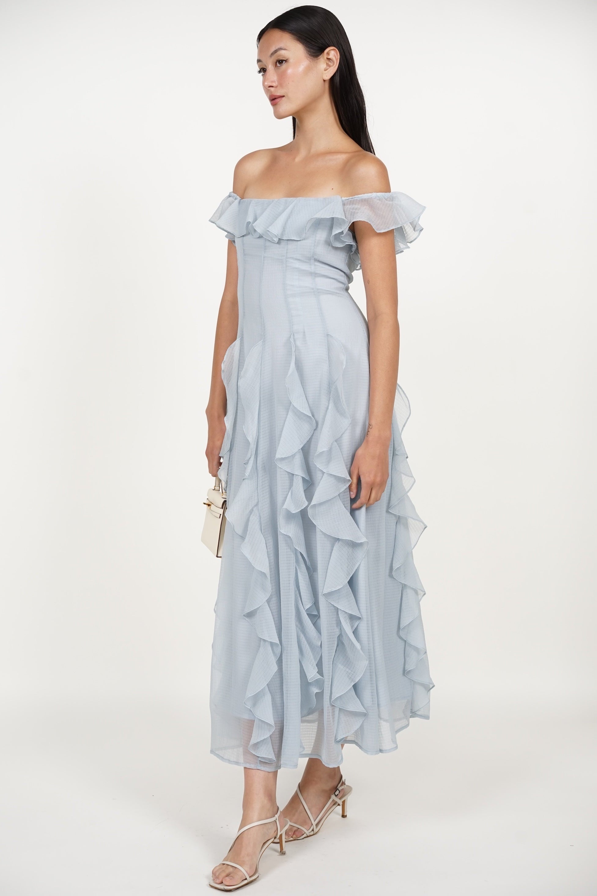 Off-Shoulder Ruffle Dress in Blue