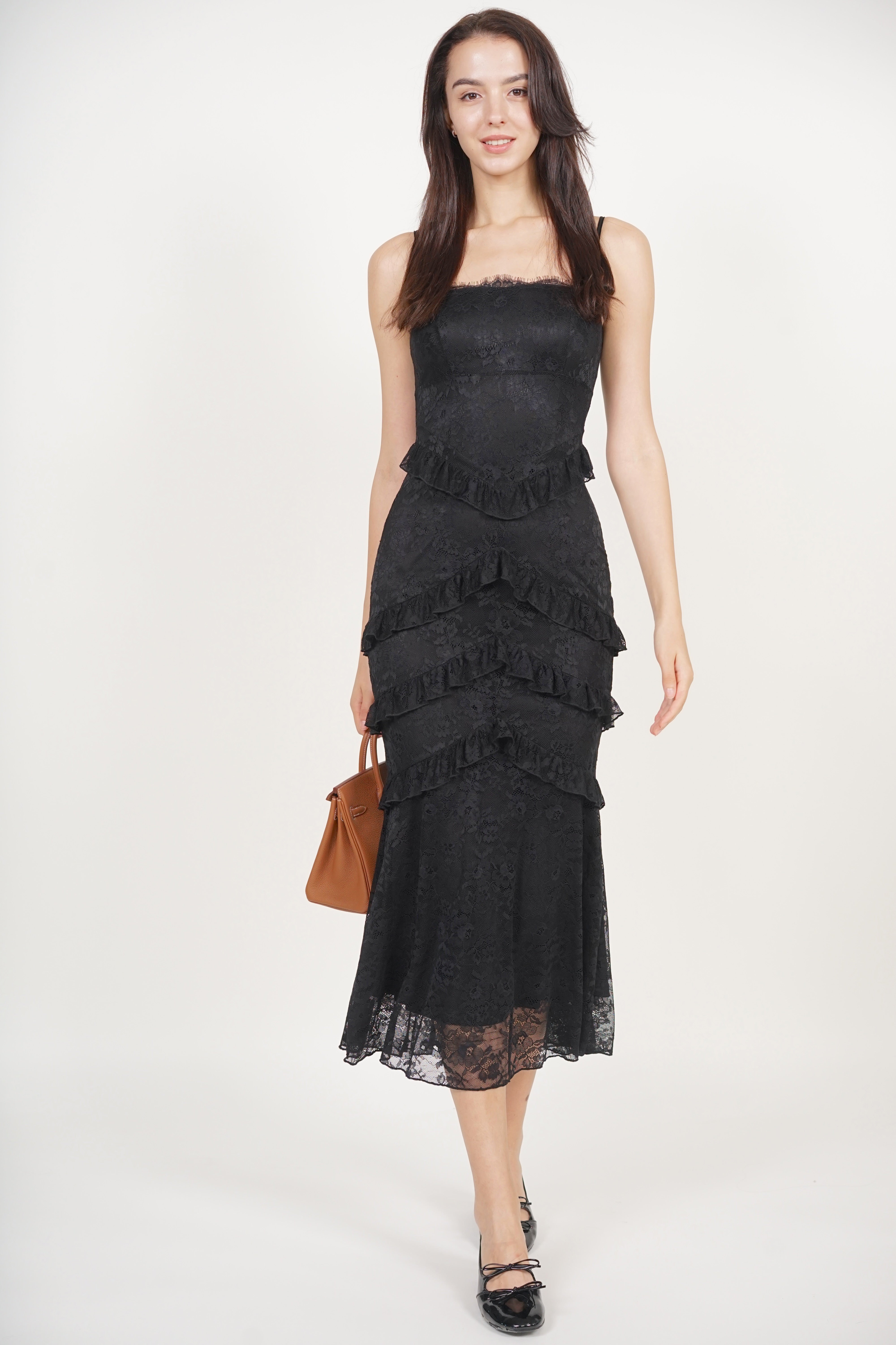 Midi Ruffled Dress in Black Lace