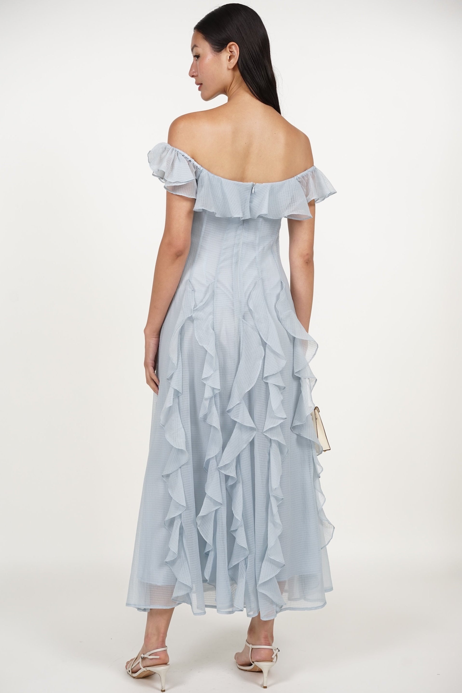 Off-Shoulder Ruffle Dress in Blue
