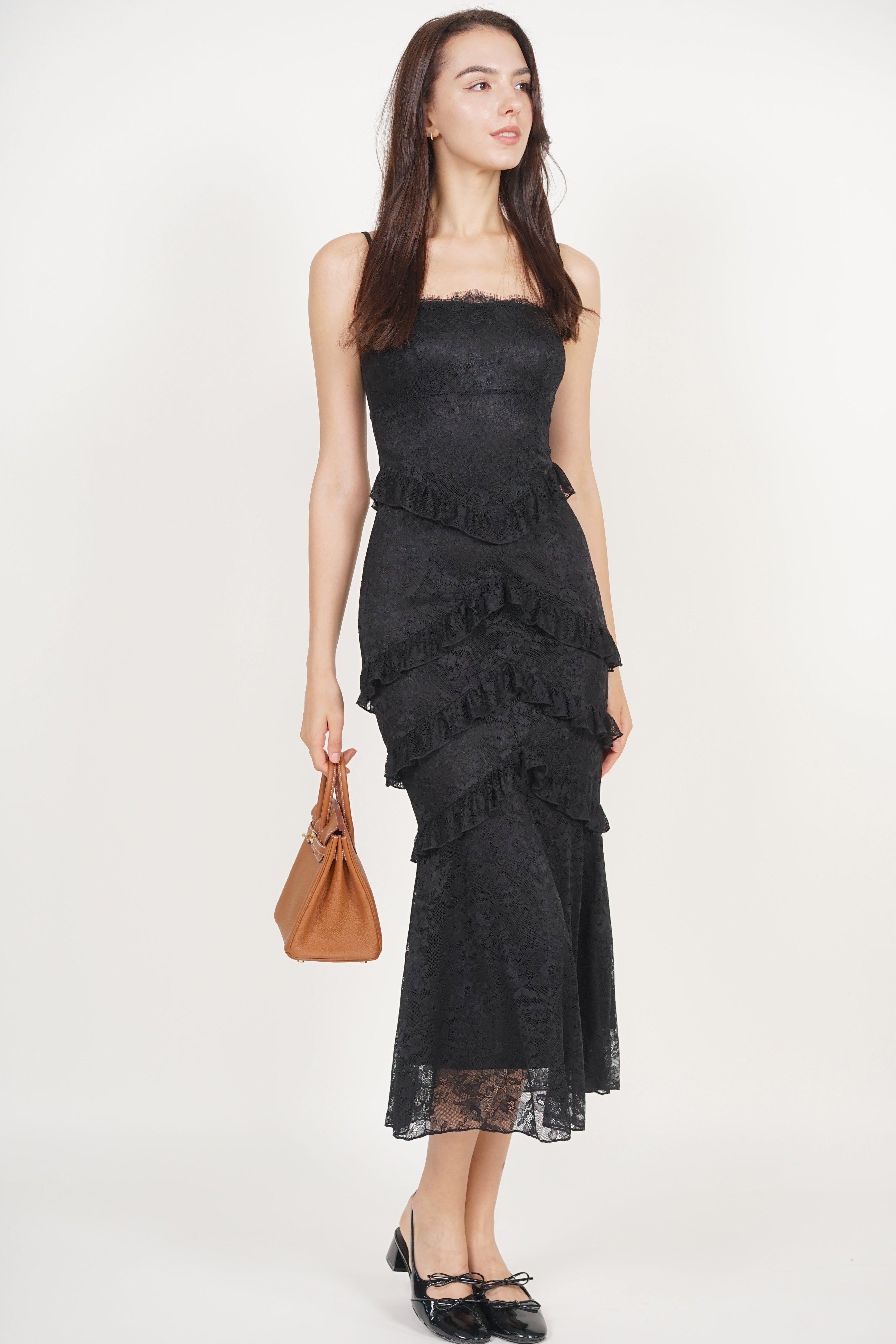 Midi Ruffled Dress in Black Lace