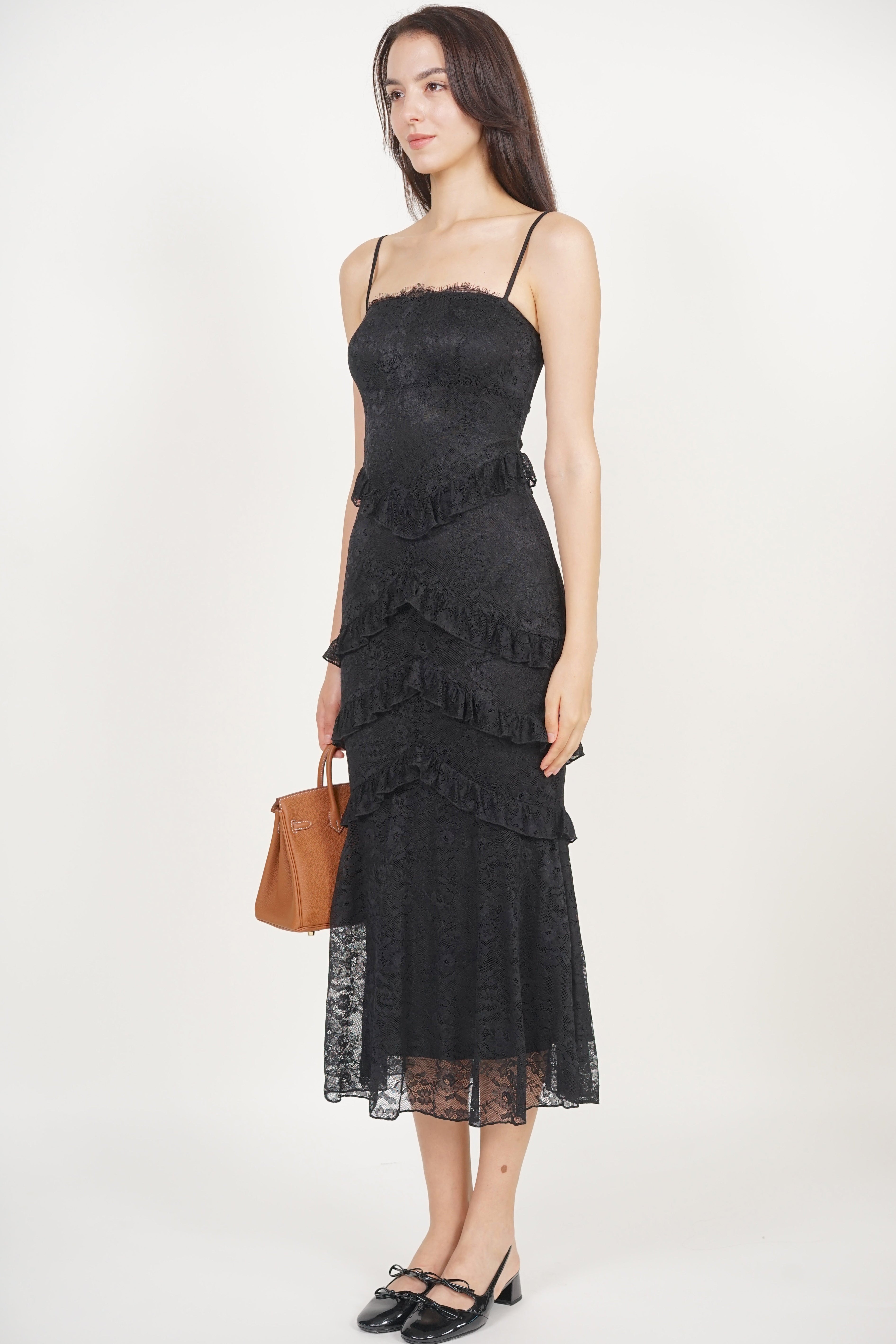 Midi Ruffled Dress in Black Lace