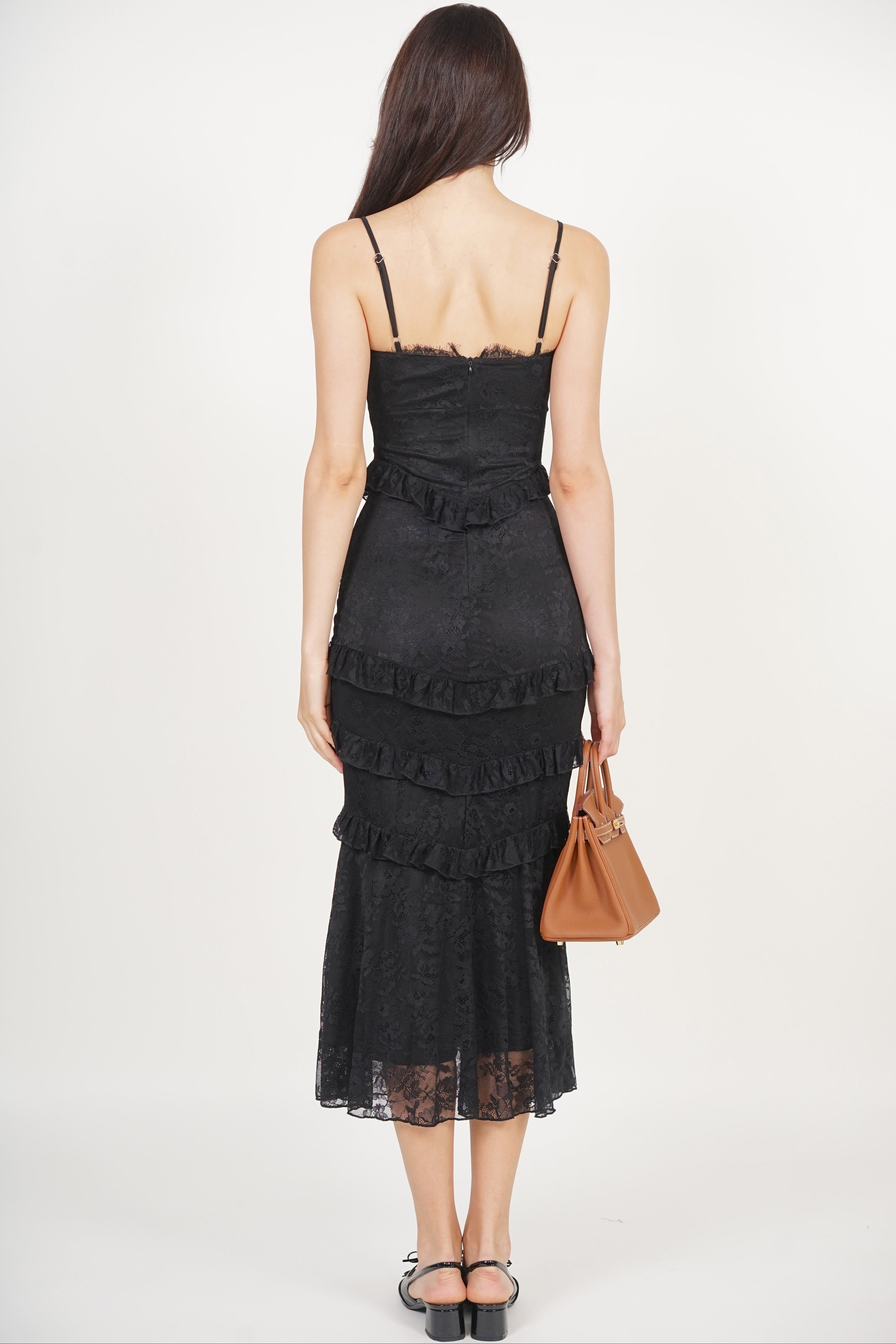 Midi Ruffled Dress in Black Lace