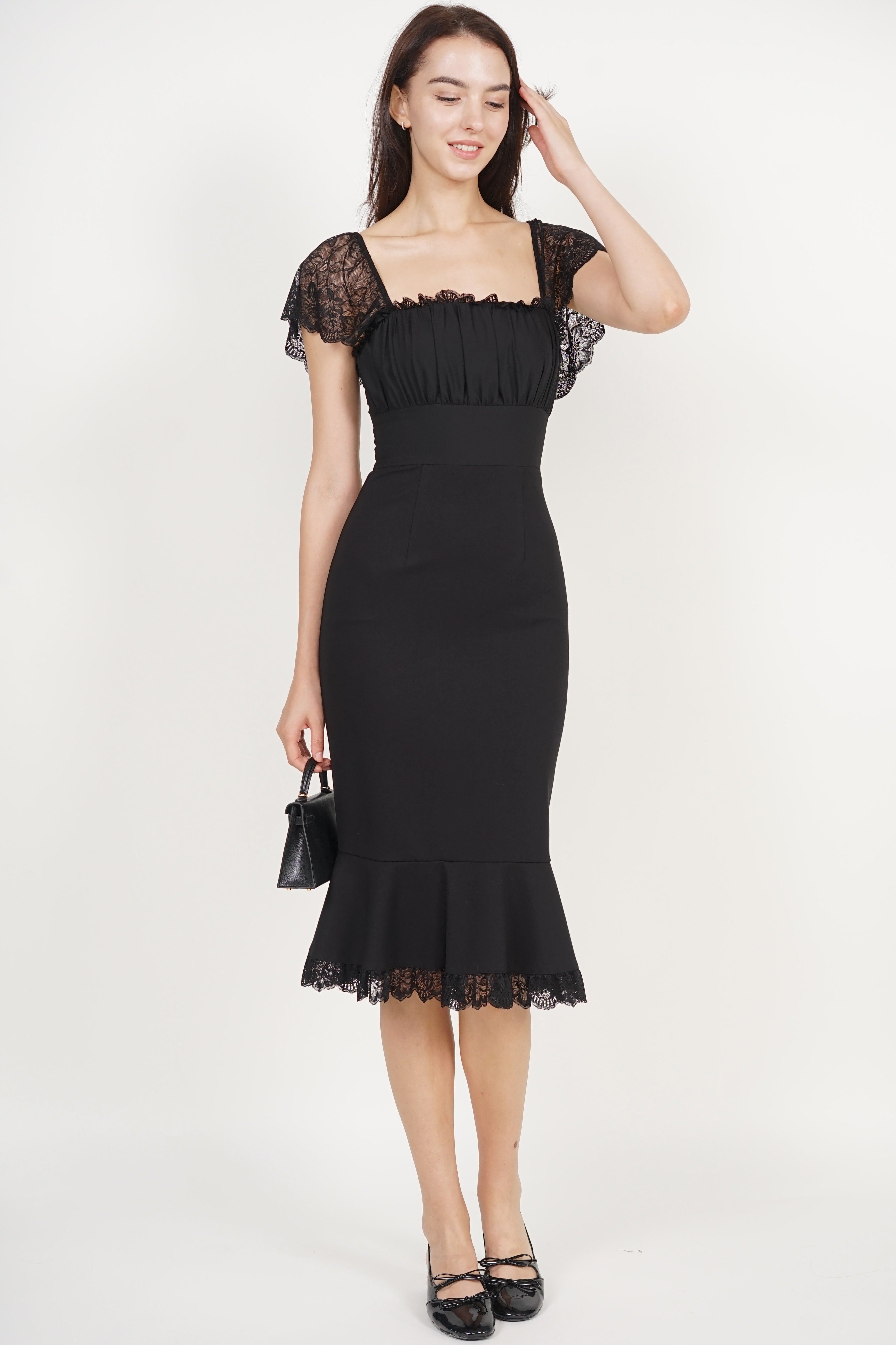 Ruched Mermaid Midi Dress in Black