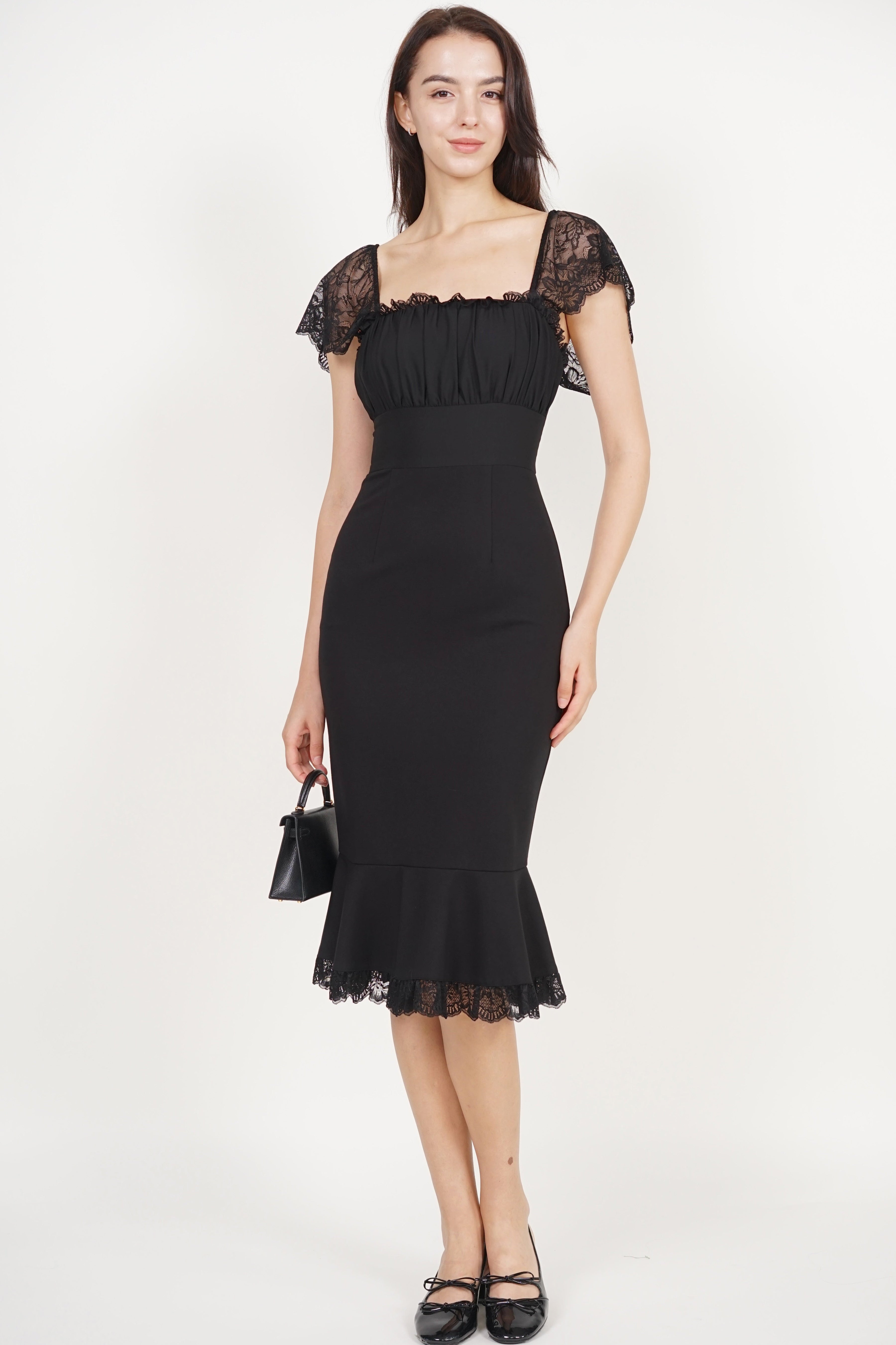 Ruched Mermaid Midi Dress in Black