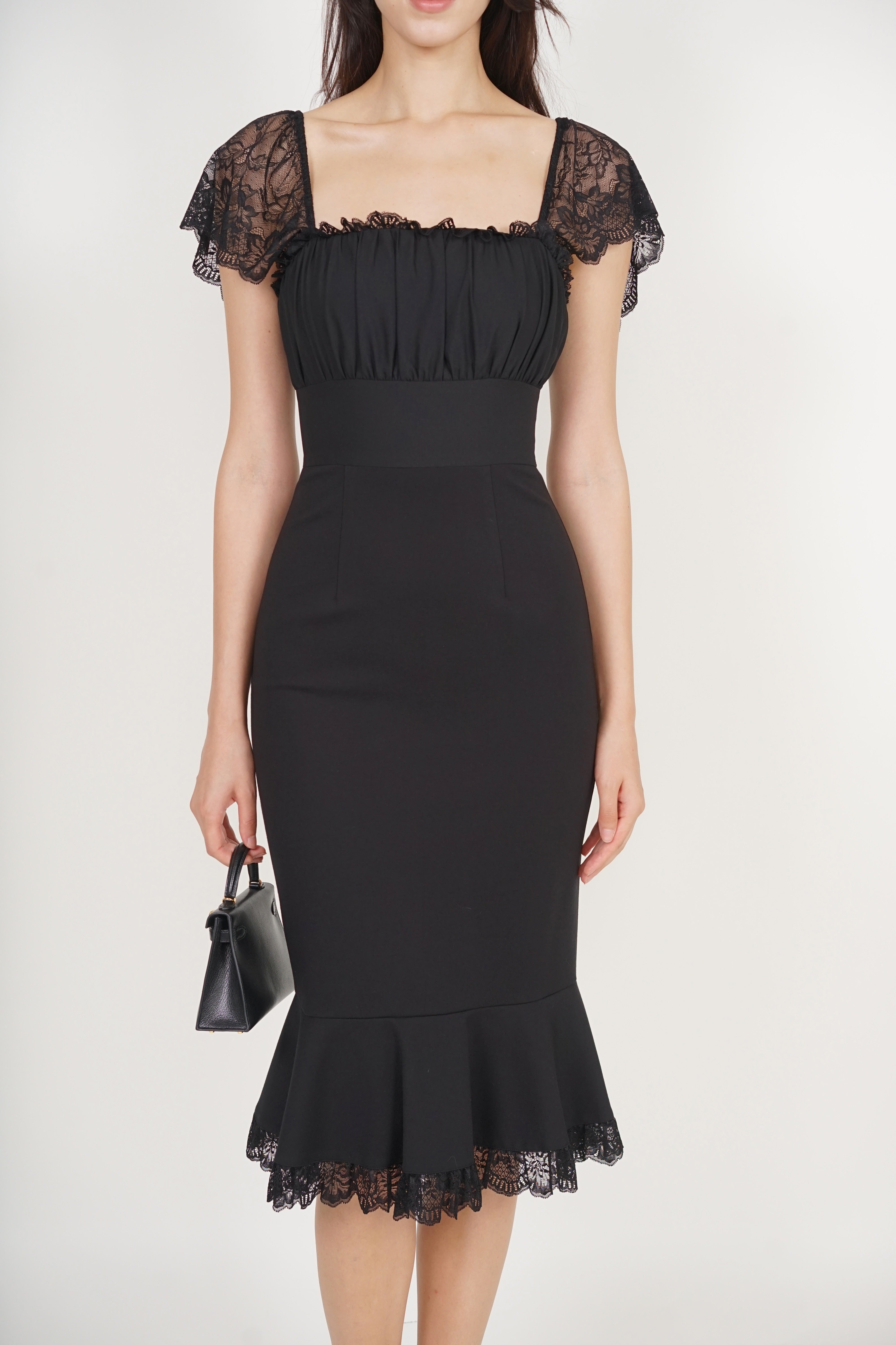 Ruched Mermaid Midi Dress in Black