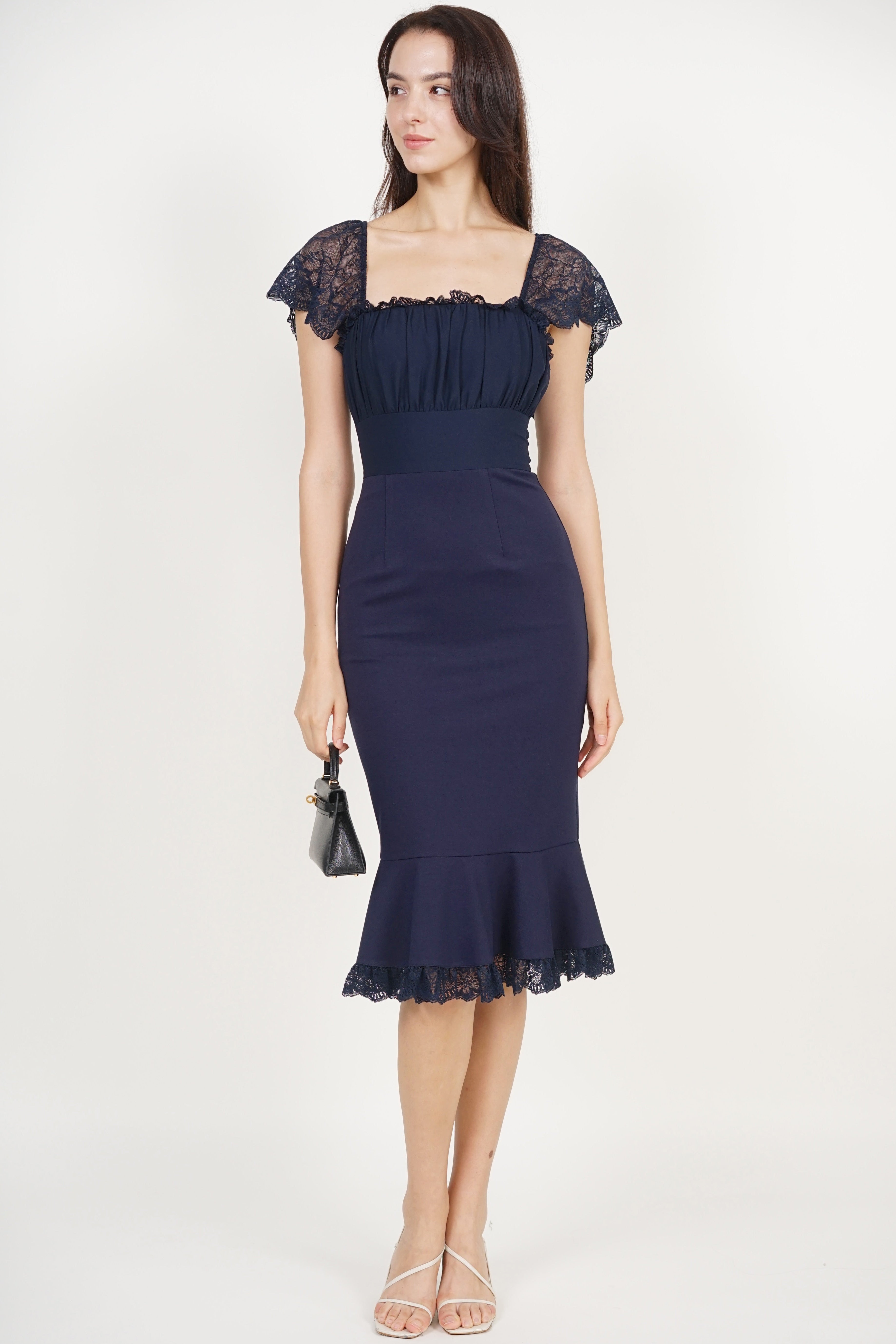 Ruched Mermaid Midi Dress in Midnight