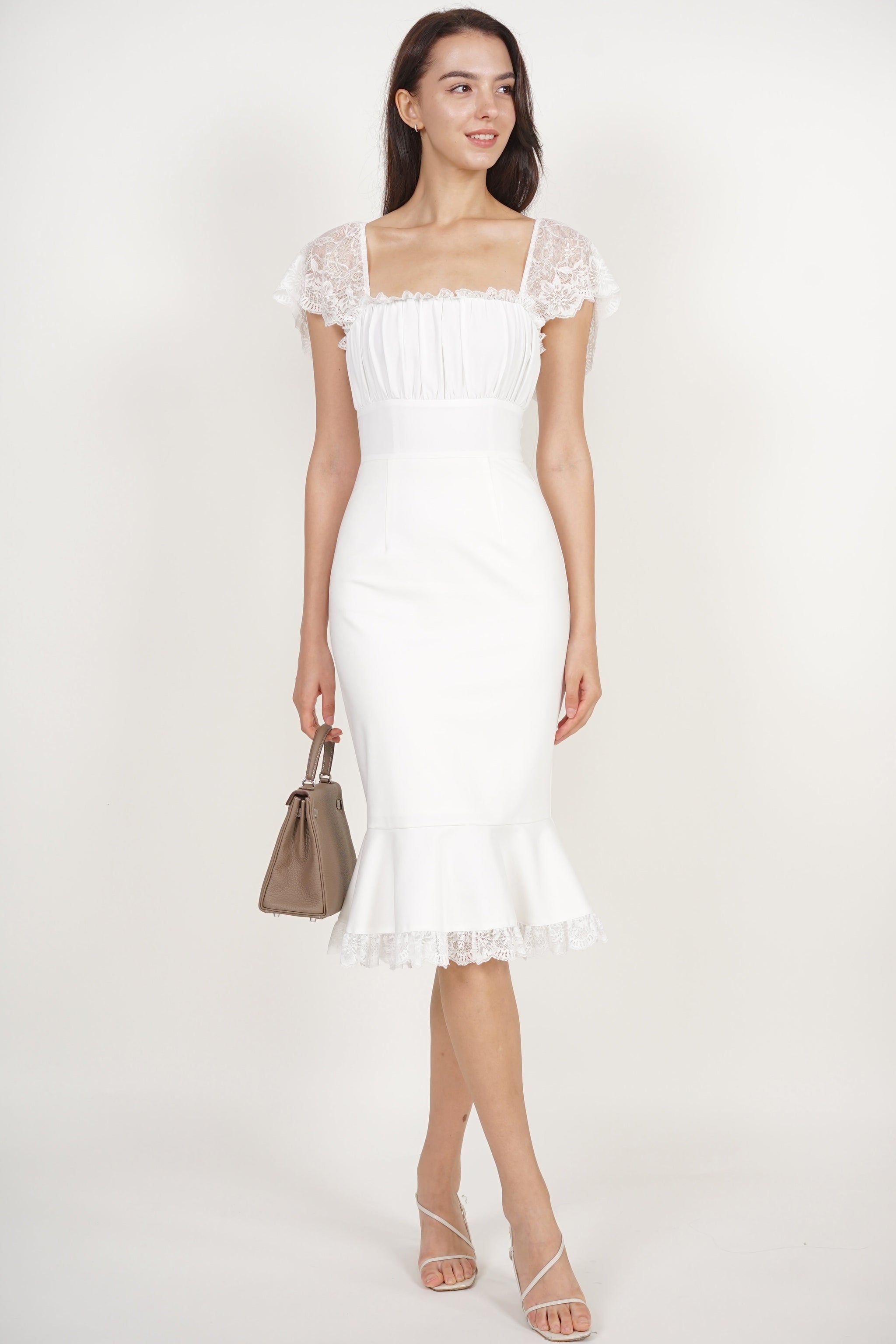 white mermaid midi dress Ruched Mermaid Midi Dress in White
