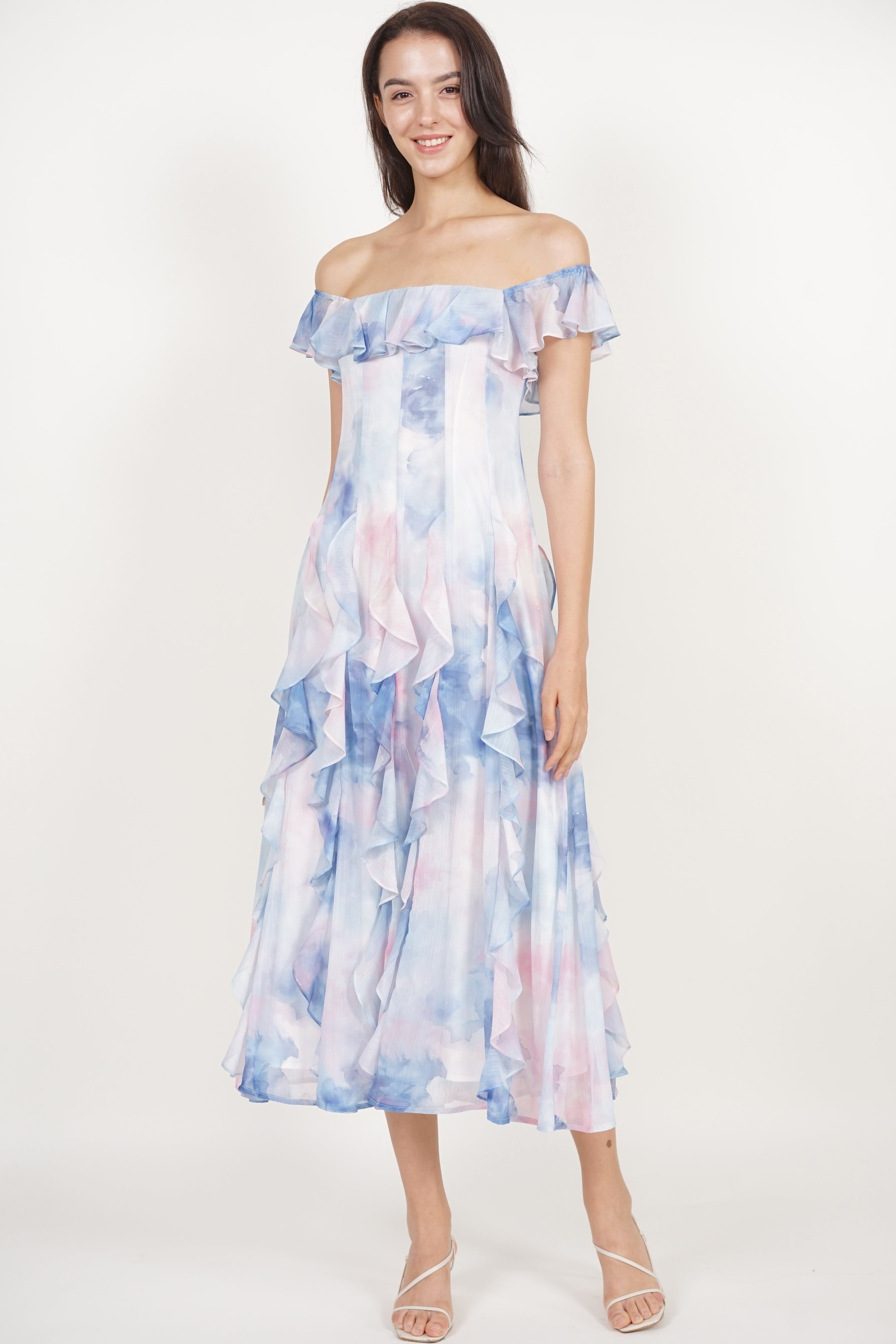 Off-Shoulder Ruffle Dress in Blue Watercolor