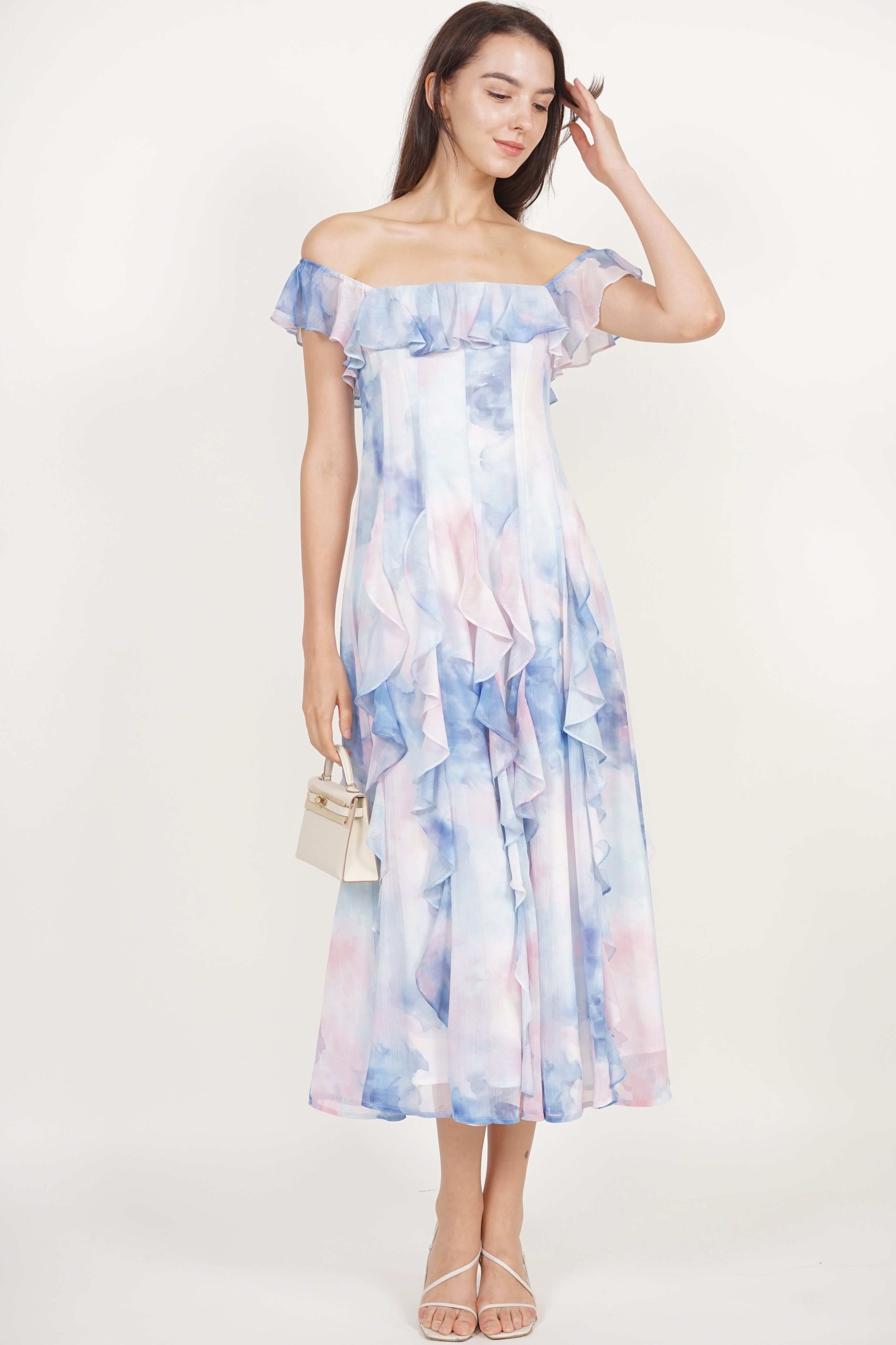 Off-Shoulder Ruffle Dress in Blue Watercolor