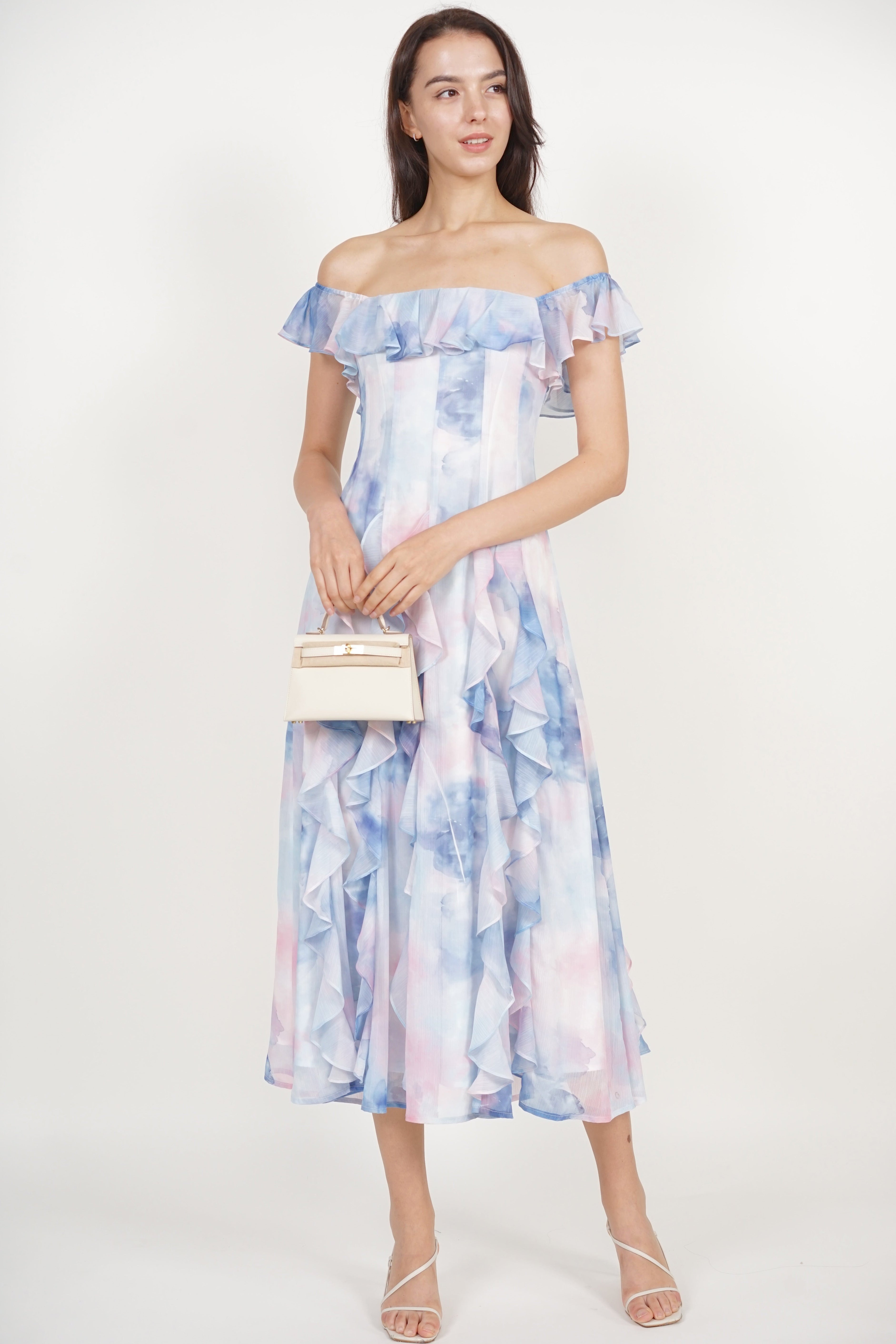 Off-Shoulder Ruffle Dress in Blue Watercolor