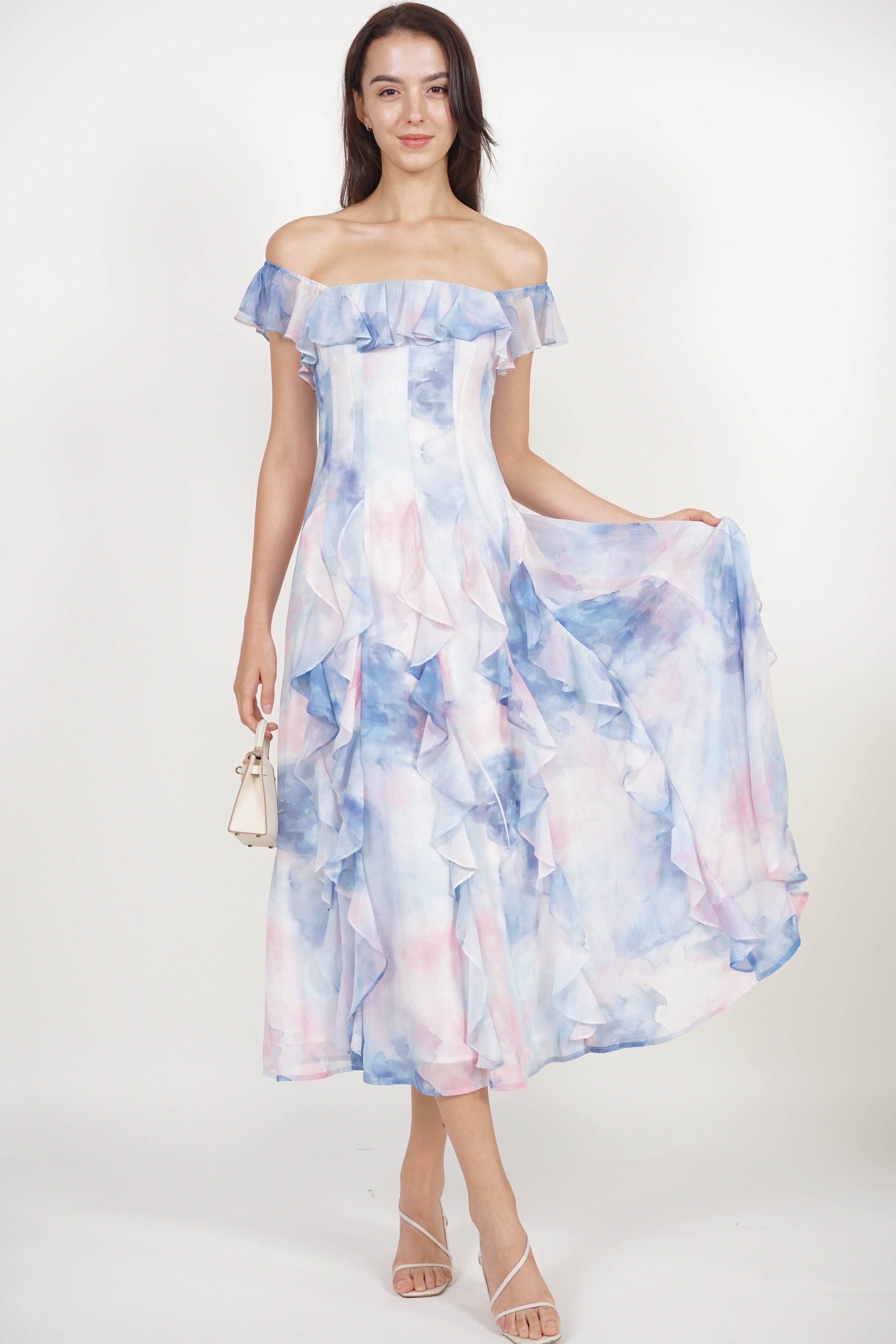 Off-Shoulder Ruffle Dress in Blue Watercolor