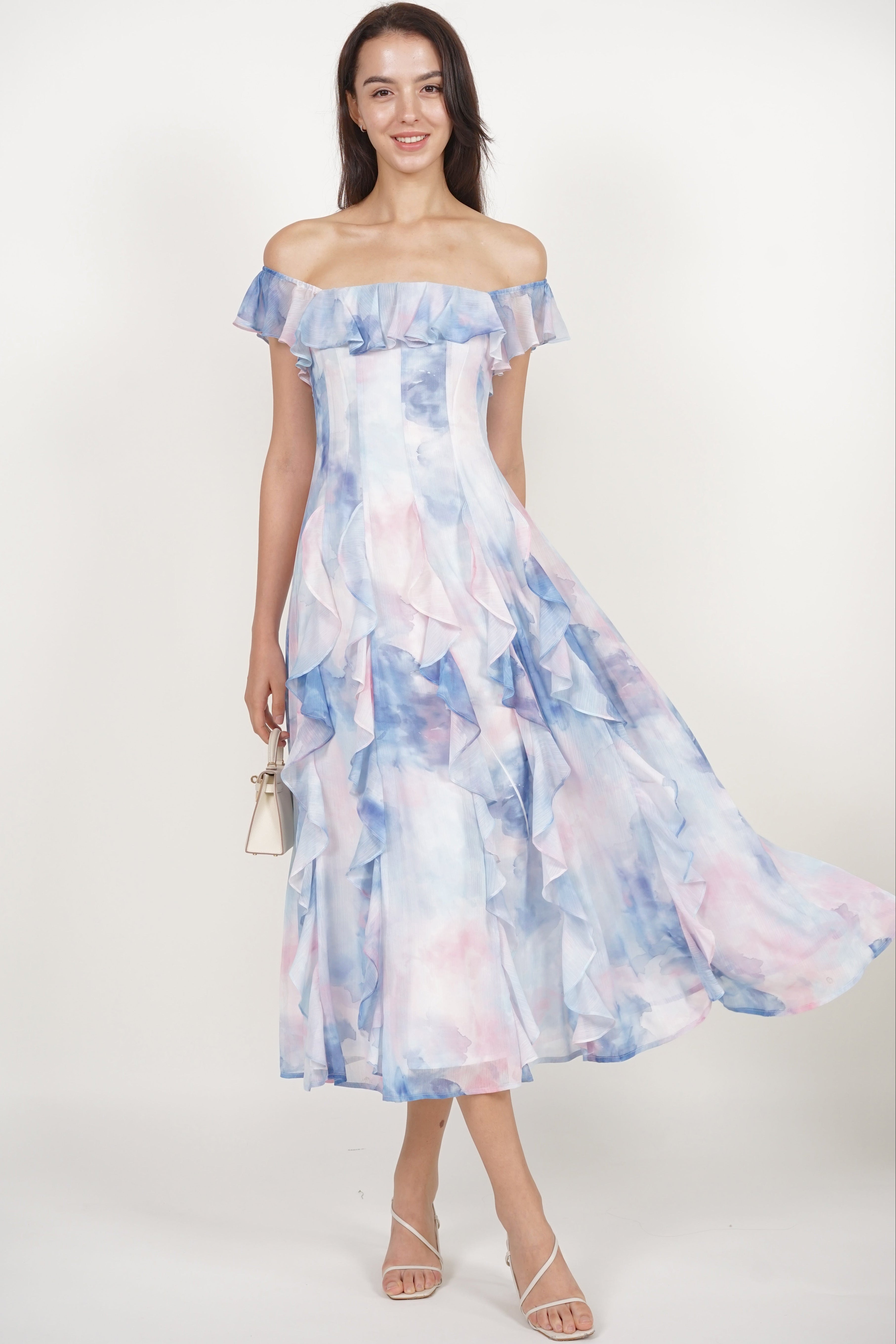 Off-Shoulder Ruffle Dress in Blue Watercolor