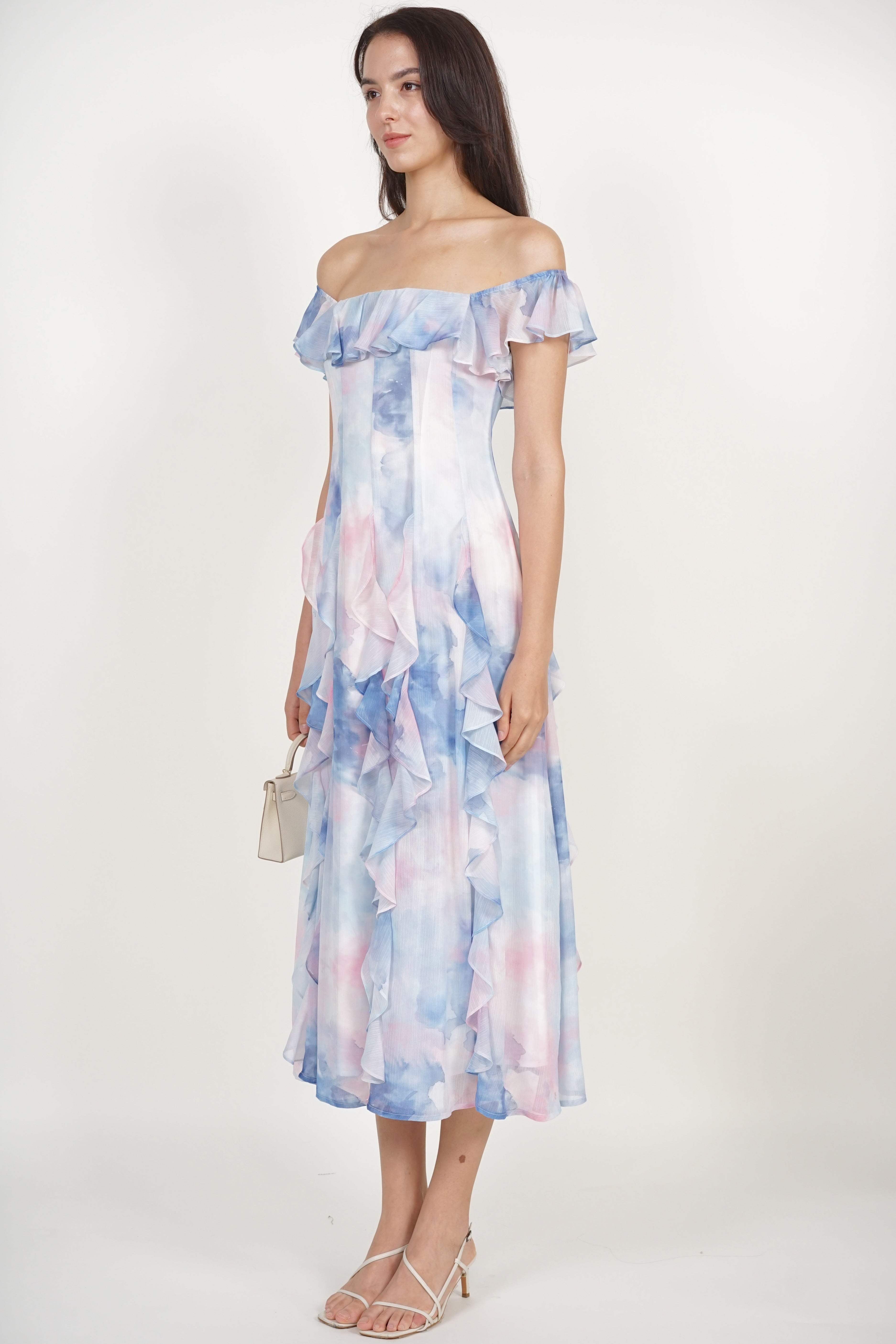 Off-Shoulder Ruffle Dress in Blue Watercolor