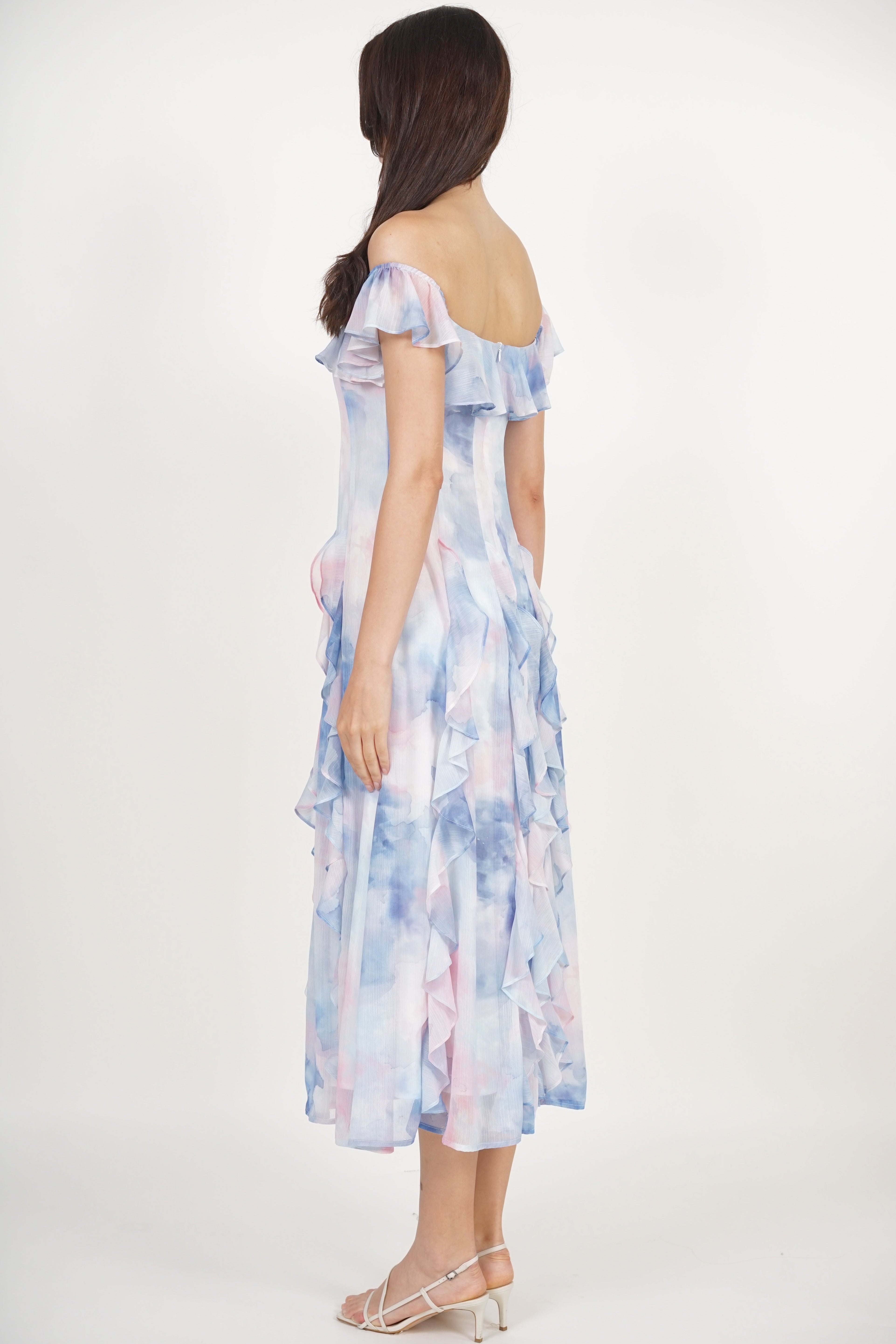 Off-Shoulder Ruffle Dress in Blue Watercolor