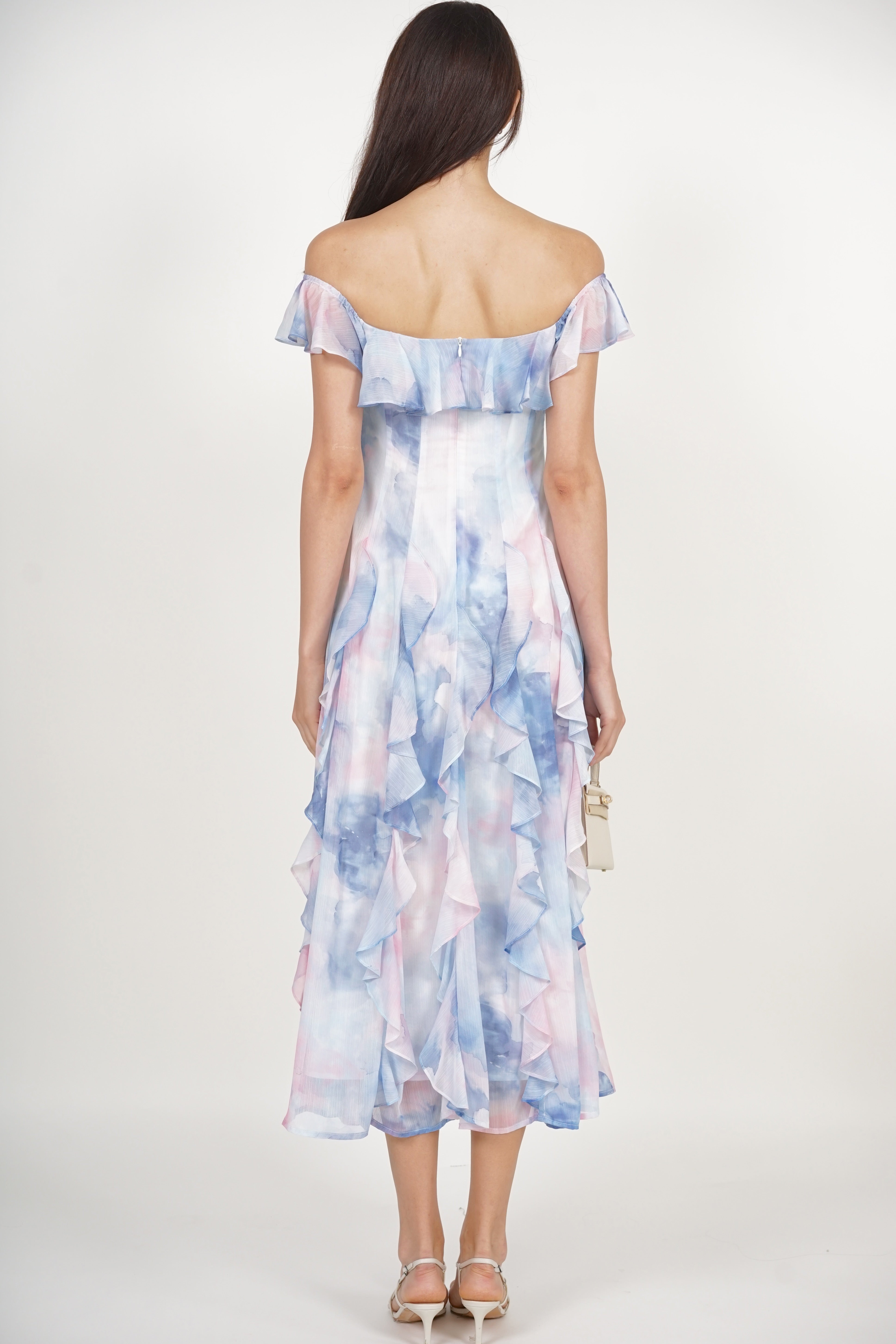 Off-Shoulder Ruffle Dress in Blue Watercolor
