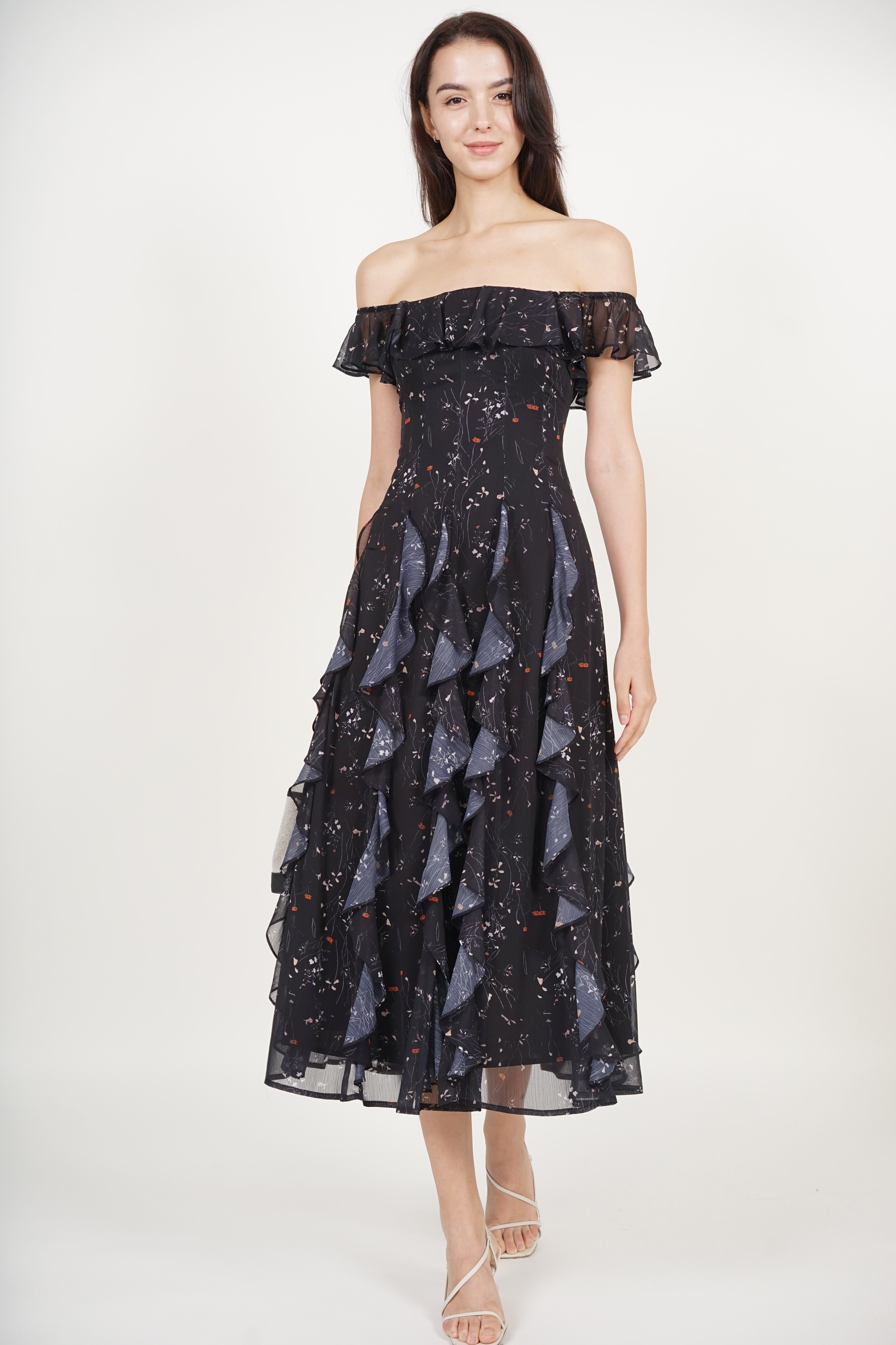Off-Shoulder Ruffle Dress in Black Floral