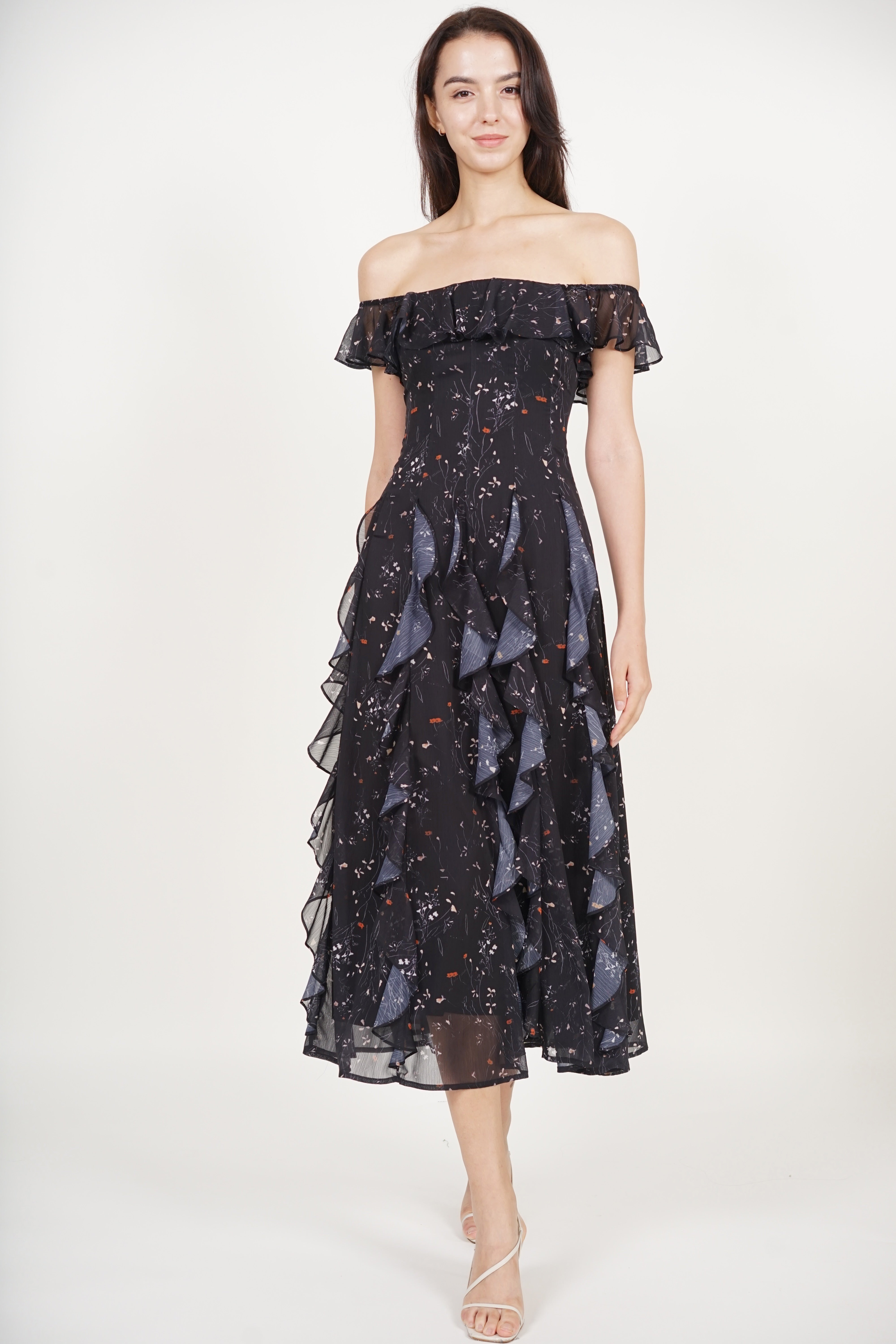 Off-Shoulder Ruffle Dress in Black Floral