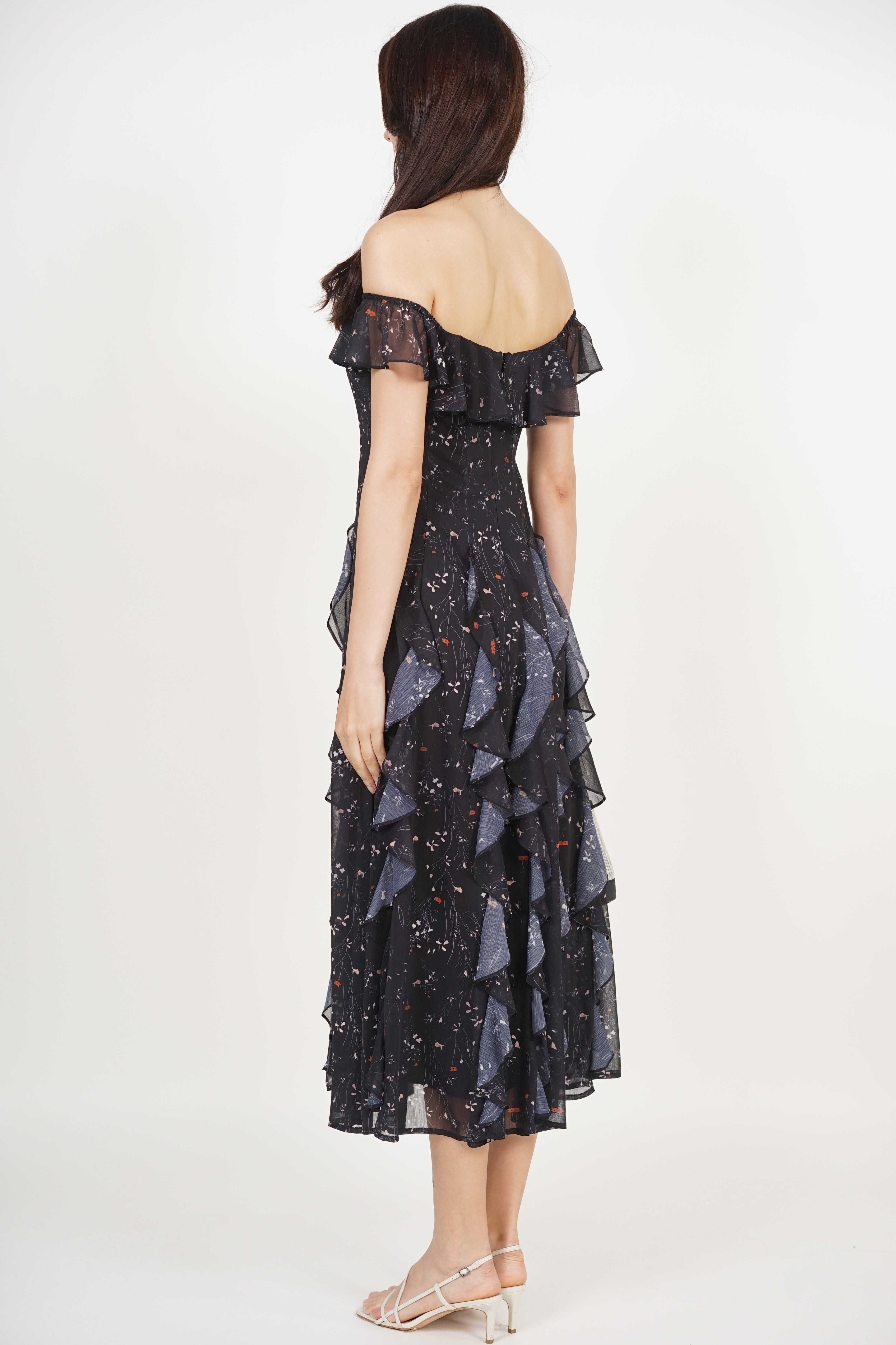 Off-Shoulder Ruffle Dress in Black Floral