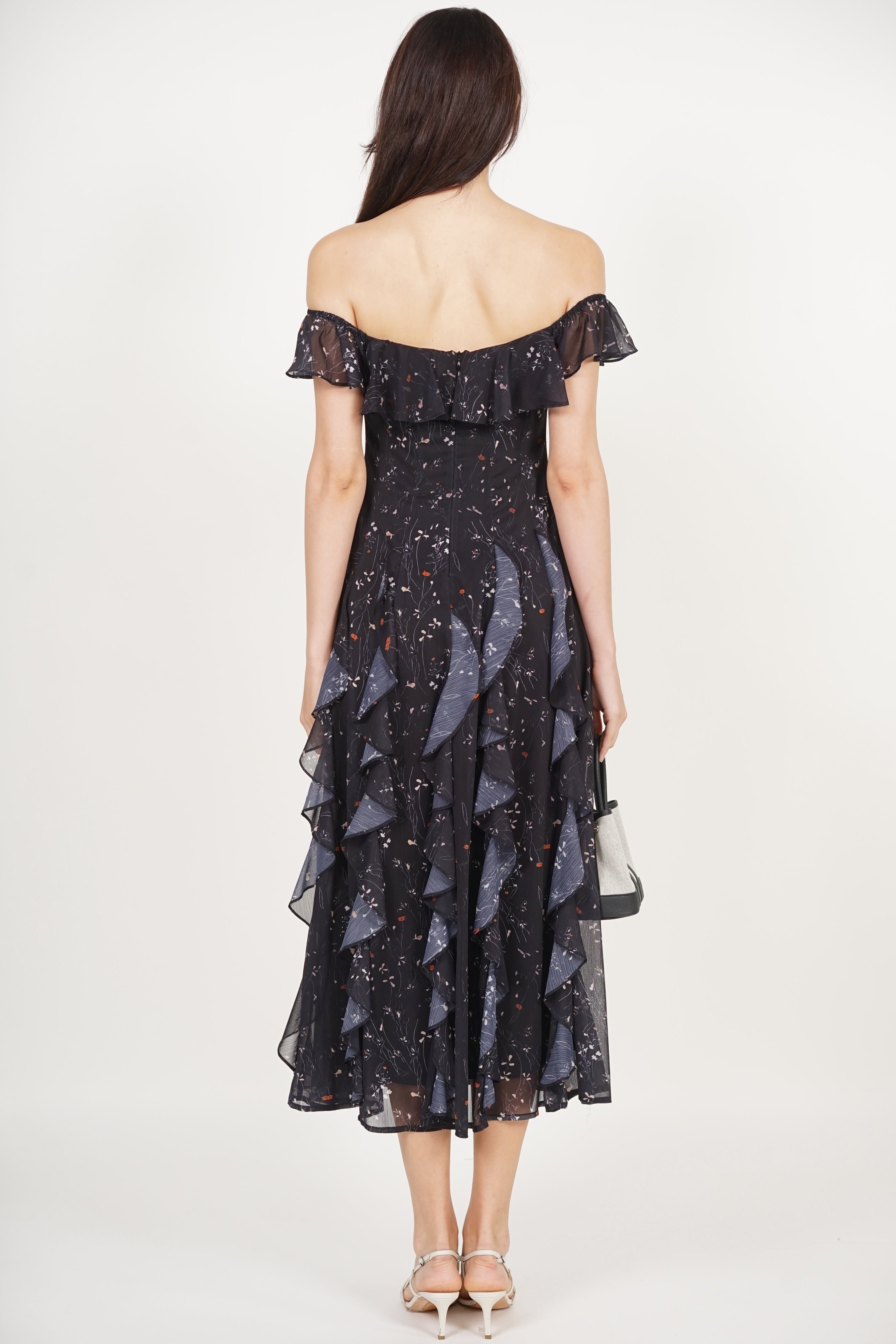 Off-Shoulder Ruffle Dress in Black Floral