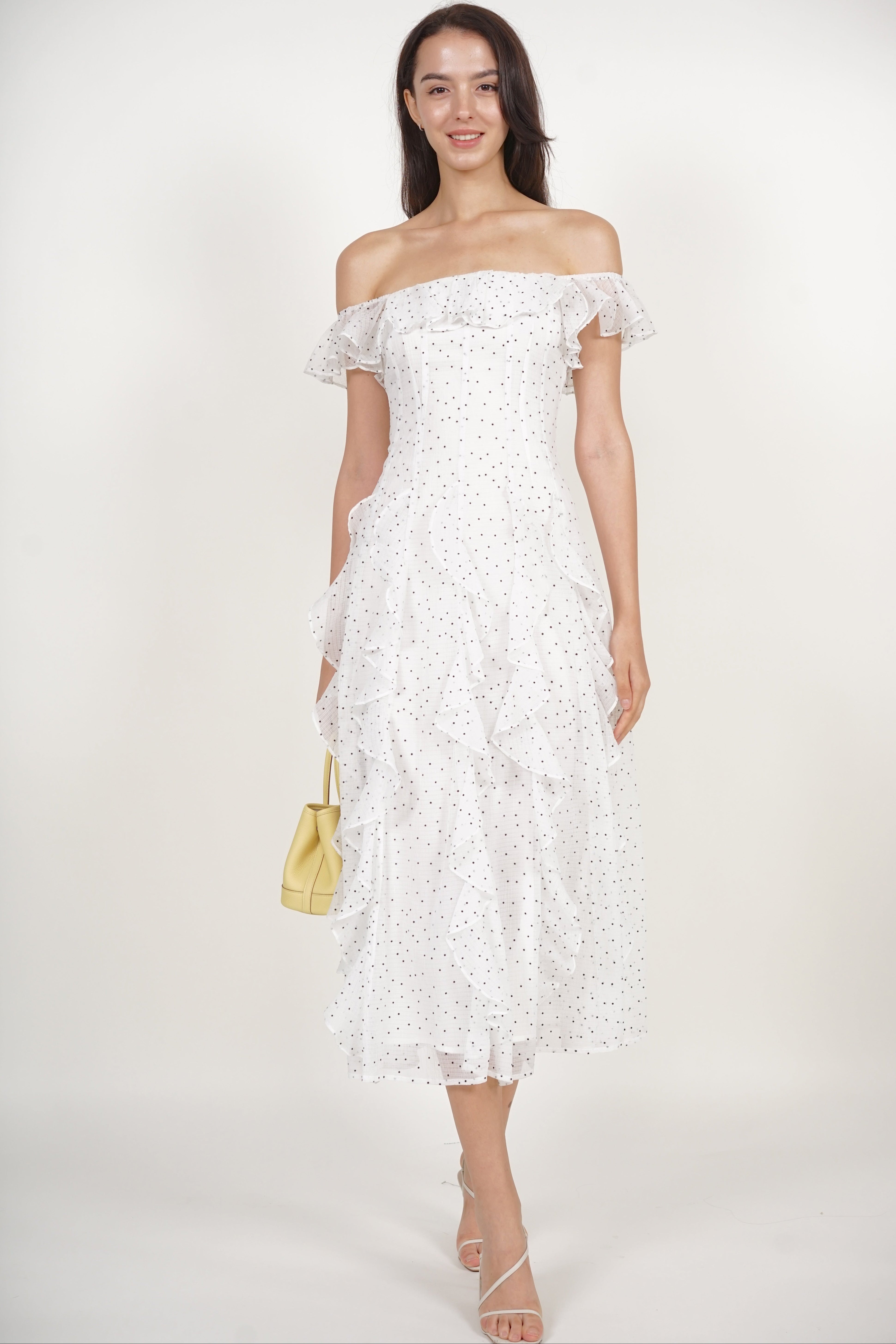 Off-Shoulder Ruffle Dress in White Dots
